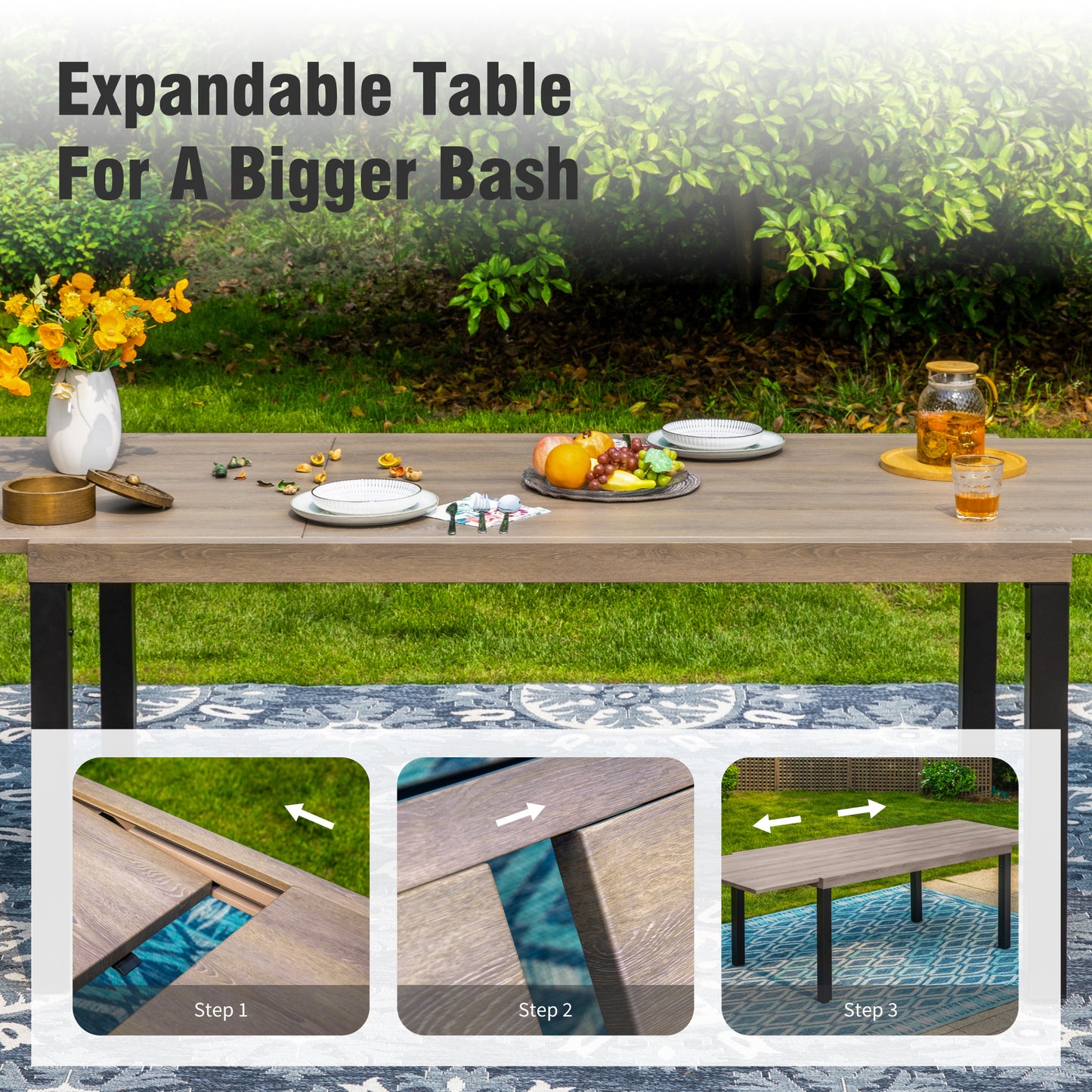 Captiva Designs 1pc Outdoor Patio Rectangular Steel Dining Table with Two Tabletop Leaves