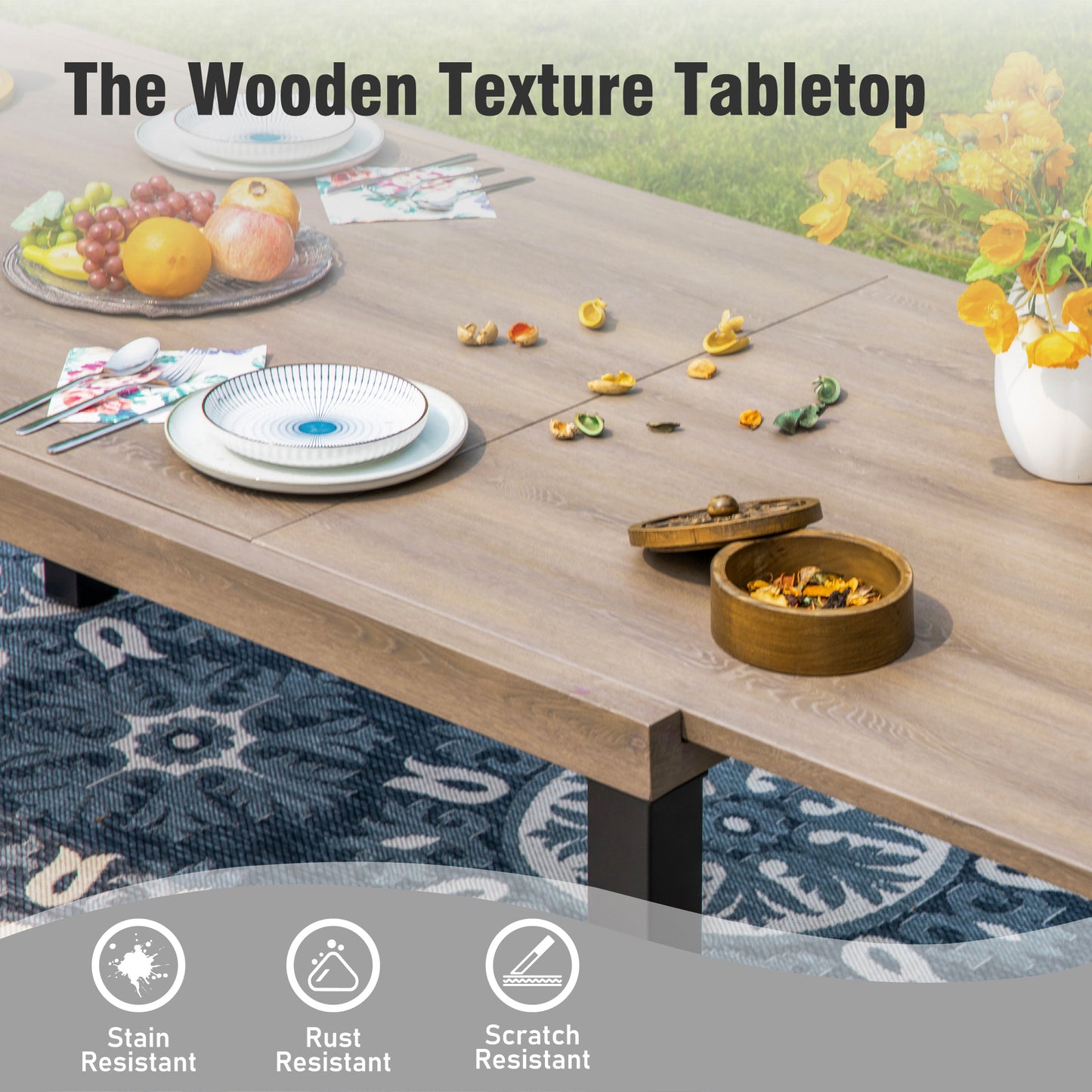 Captiva Designs 1pc Outdoor Patio Rectangular Steel Dining Table with Two Tabletop Leaves