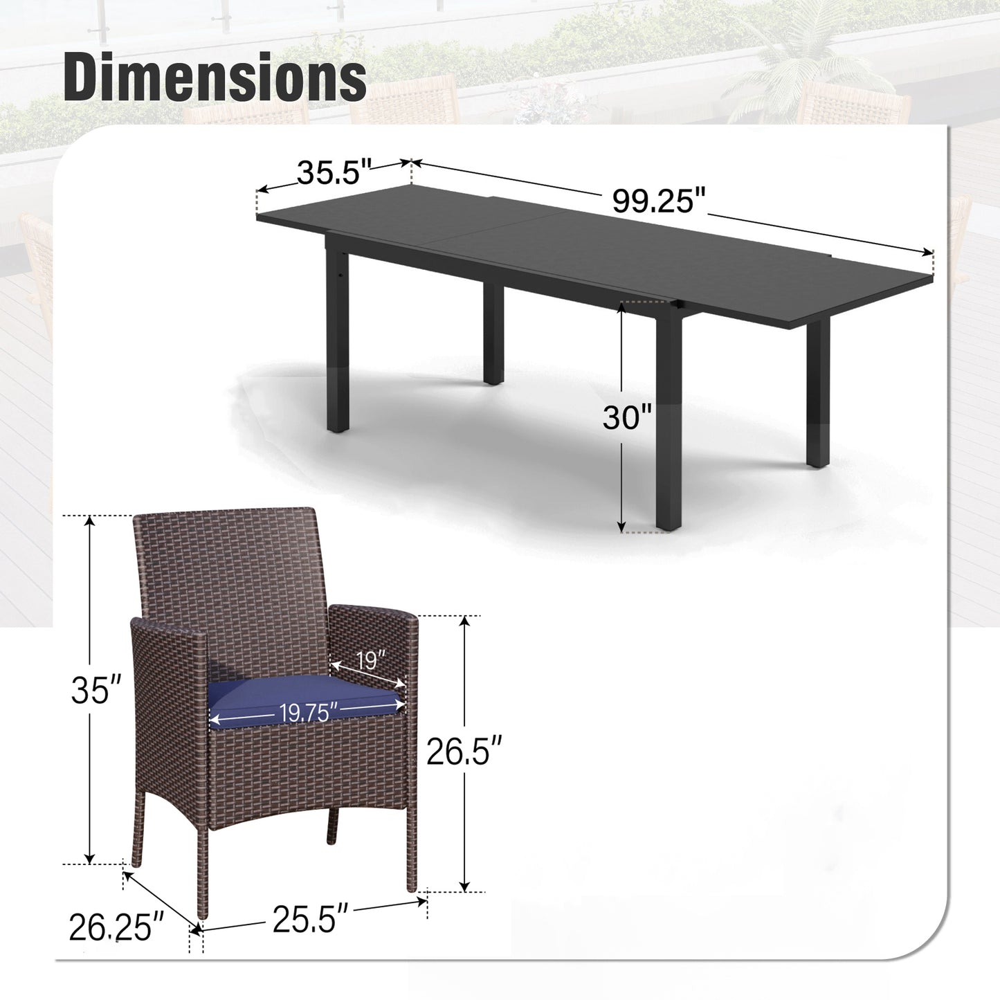 Captiva Designs 7pc Outdoor Patio Expandable Steel Dining Table & Crescent Arm Rattan Chairs