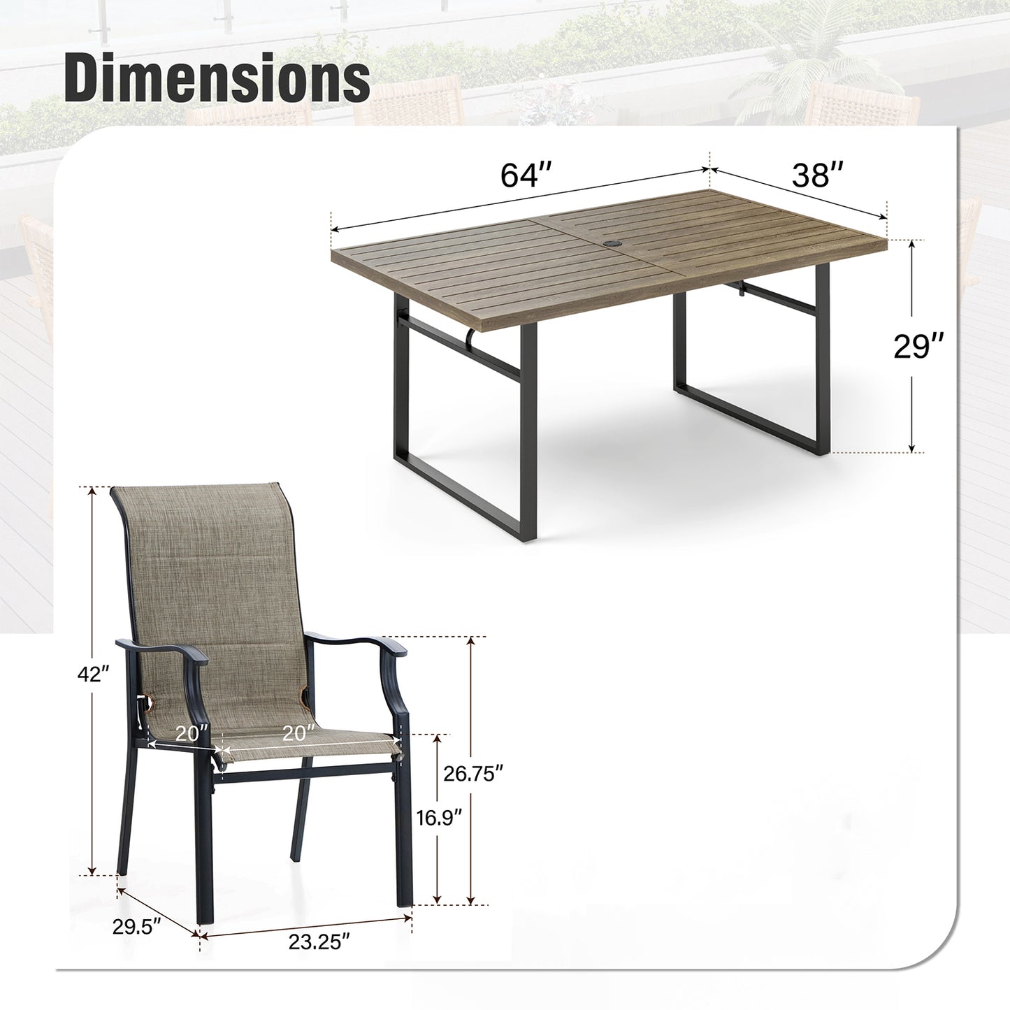 Captiva Designs 7 件 U 型腿木质金属矩形桌，带伞孔和软垫吊带旋转椅
