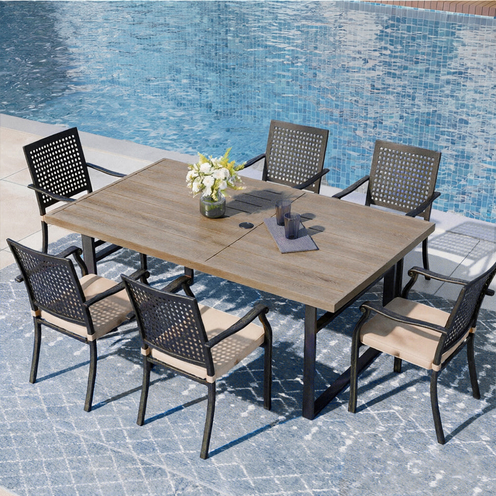 Captiva Designs 7pc Patio Dining Steel Wood-look Table with Umbrella Hole & Stackable Chairs with Bull's Eye Pattern