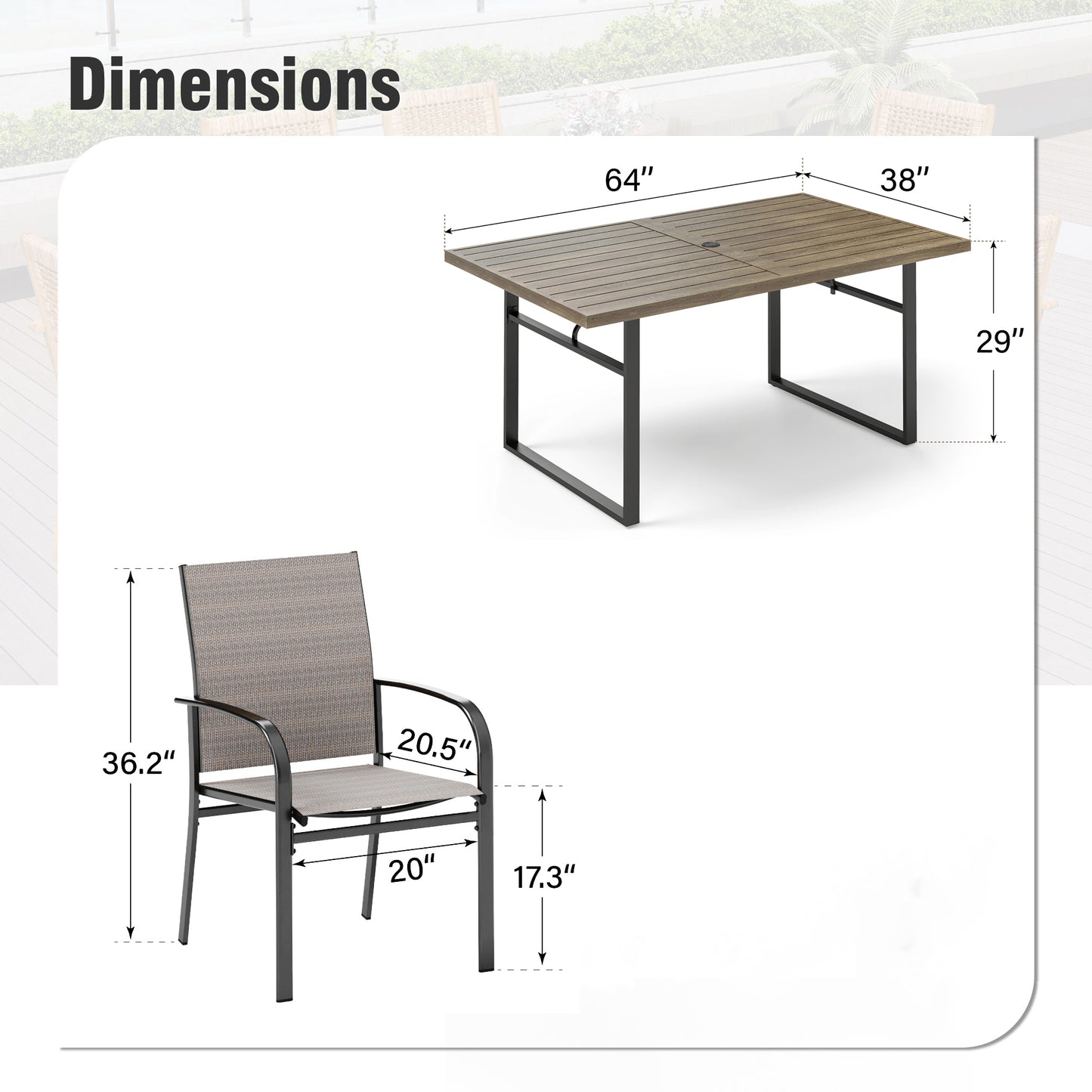 Captiva Designs 7 件套露台餐桌椅套装，配有 U 型腿木质长方形桌子和棕色吊带固定椅子