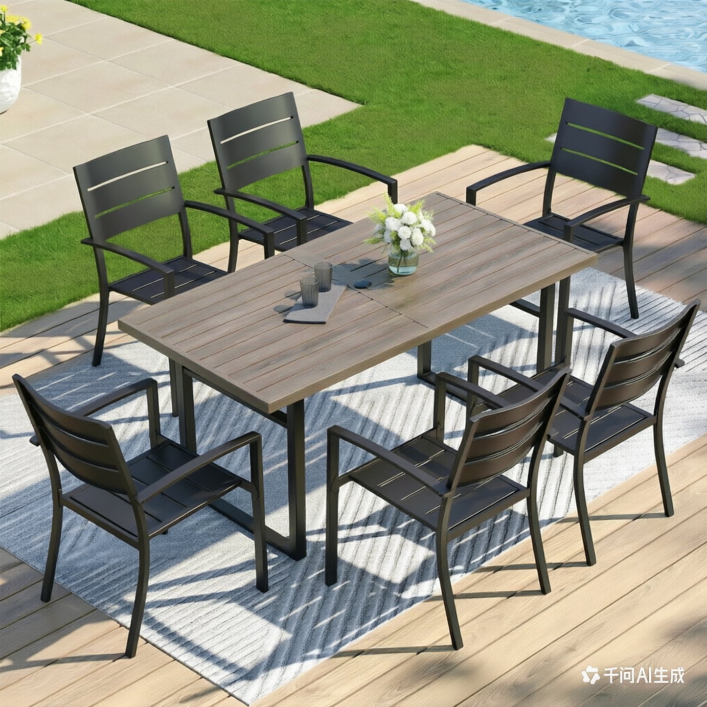 Captiva Designs 7pc Outdoor Patio Dining Set with Steel Table & Metal Chairs with Stripe Back