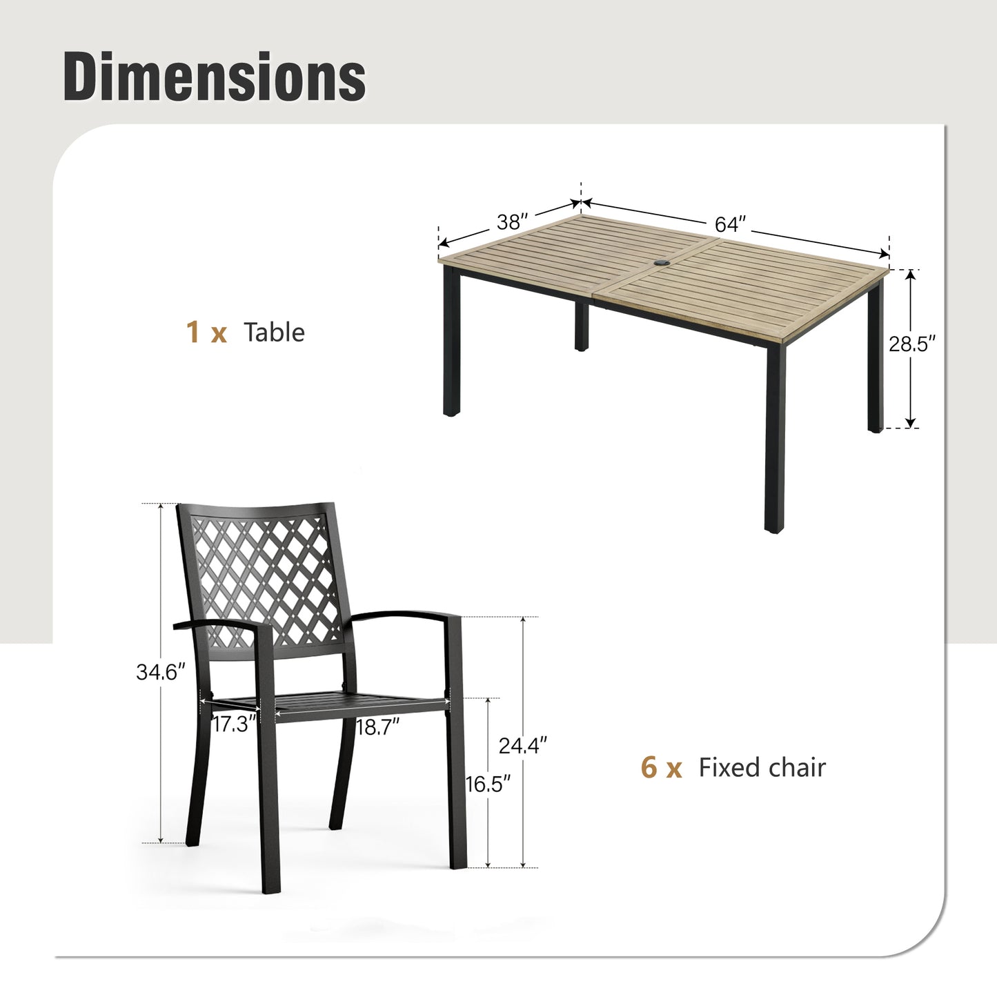 Captiva Designs 7 件套露台餐厅 U 型腿木质长方形桌子和金属可堆叠椅子，带剥离式靠背