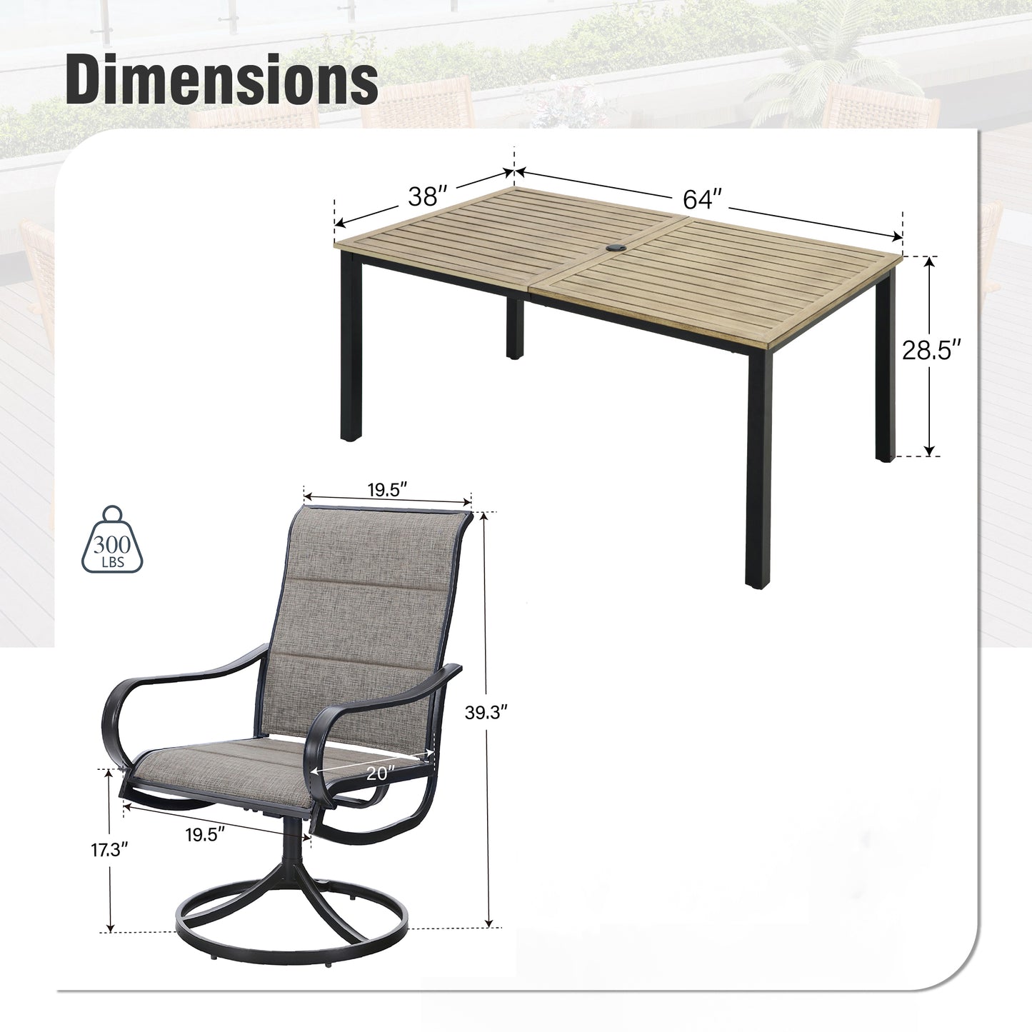 Captiva Designs 7 件套户外棕色木质长方形金属餐桌，带伞孔和 Textilene 旋转椅