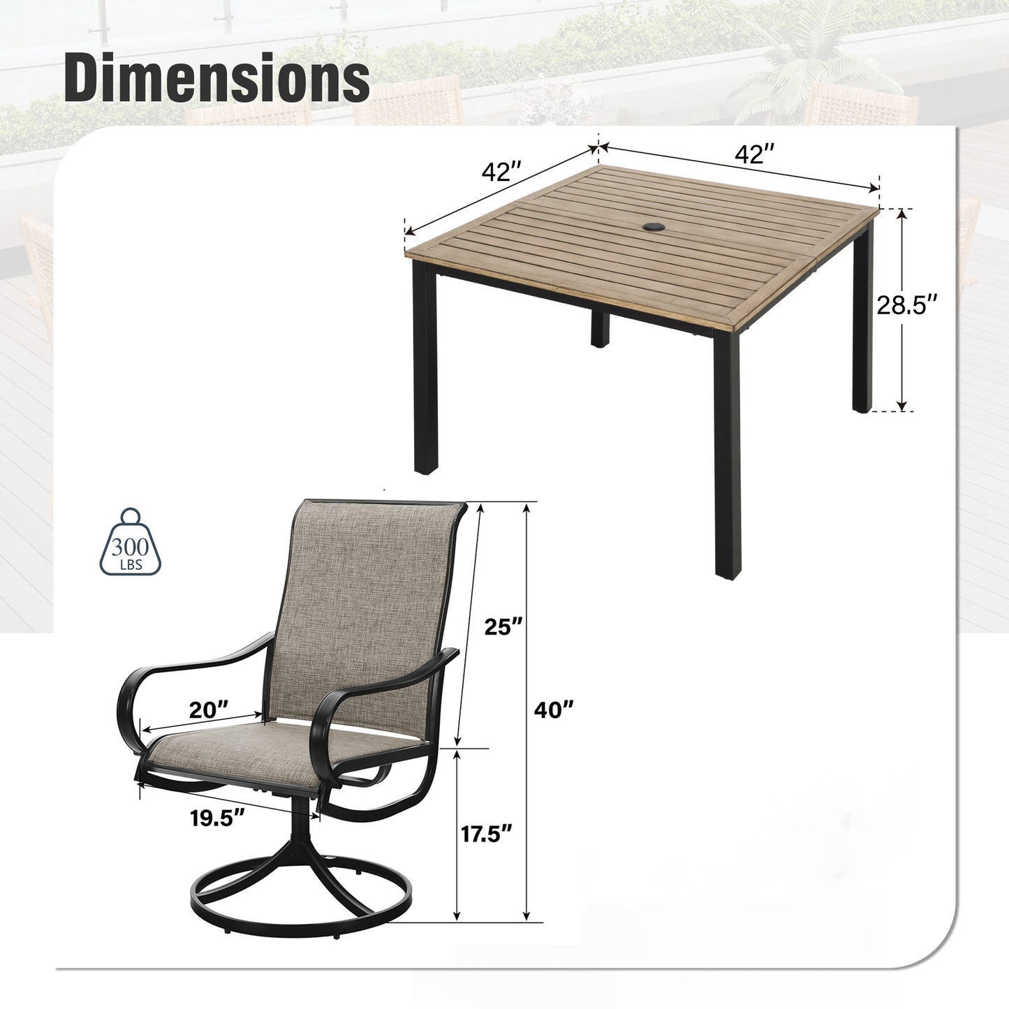 Captiva Designs 5pc Outdoor Patio Square Dining Steel Table & Swivel Sling Metal Chairs
