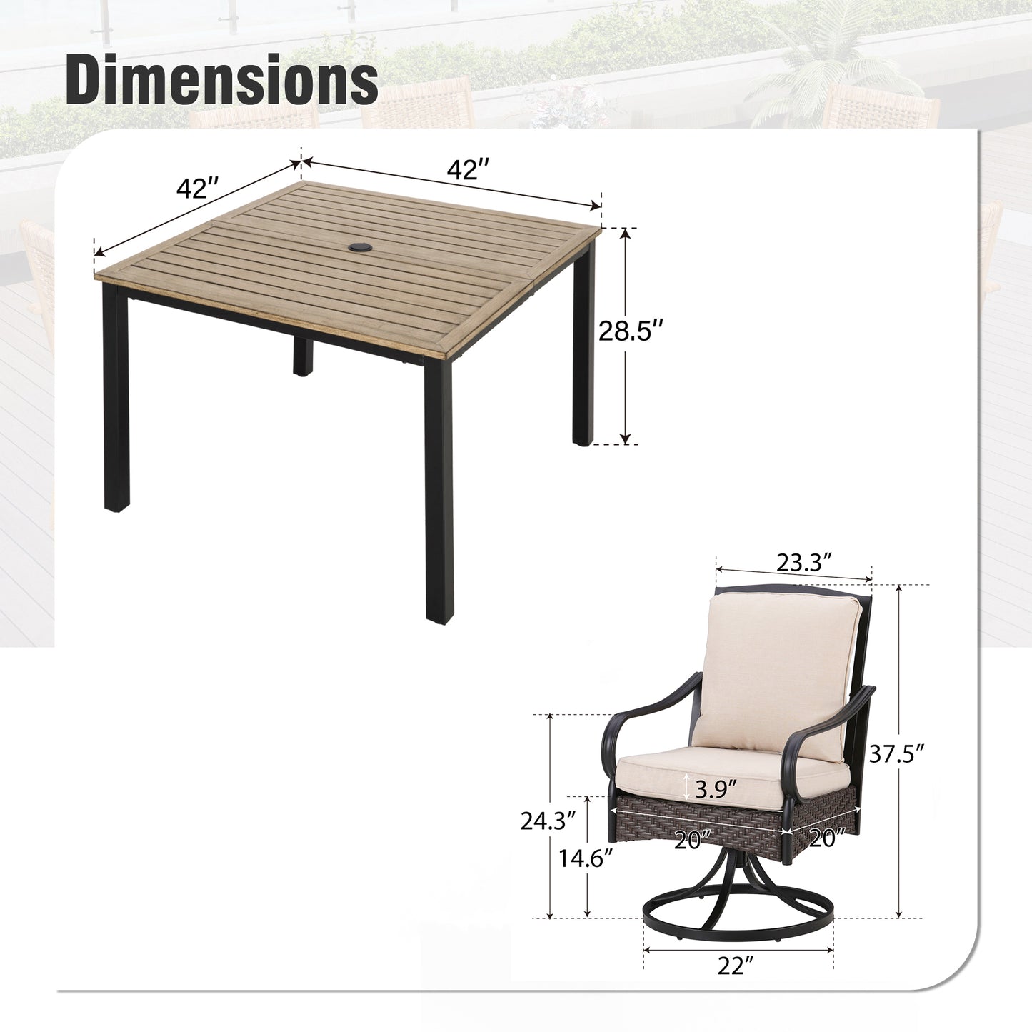 Captiva Designs 5pc Outdoor Patio Metal Dining Table & Rattan Chairs with Removable Cushions