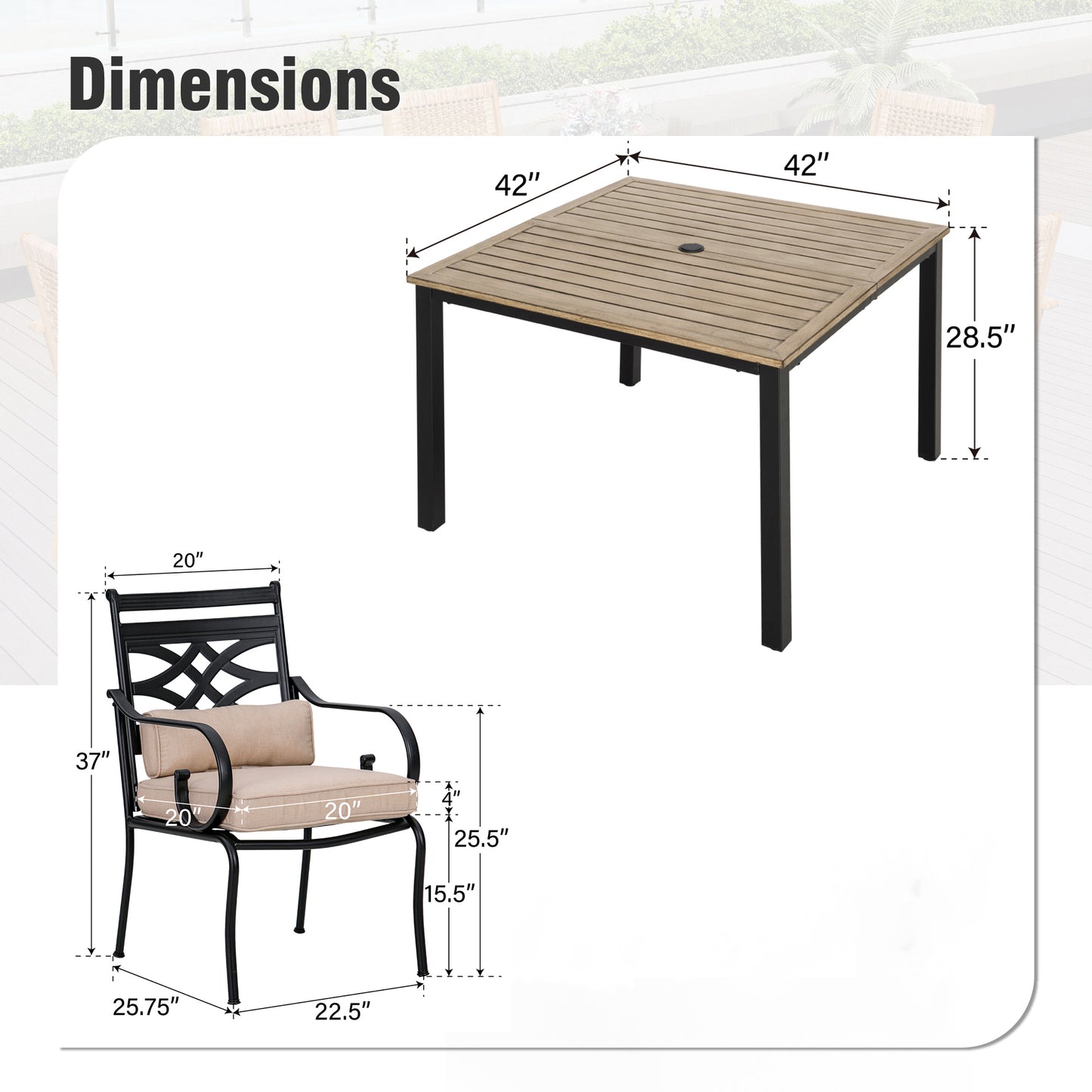 Captiva Designs 5pc Outdoor Dining Table & Metal Chairs with Thick Seat & Back Cushions