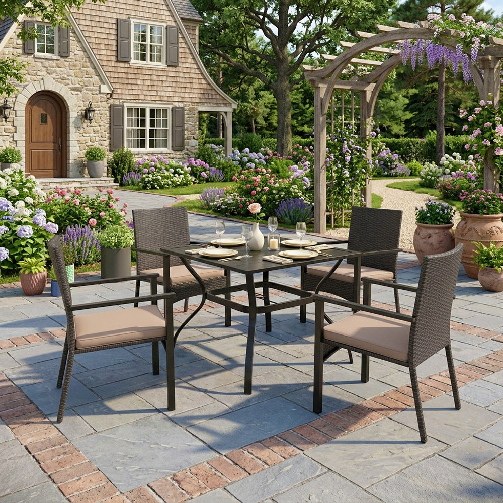 Captiva Designs 5pc Patio Dining Set Steel Frame Table with Umbrella Hole & Rattan Chairs with Removable Cushions