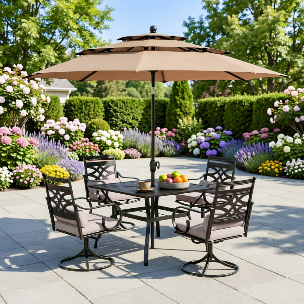 Captiva Designs 6Pc Outdoor Steel Square Dining Table & Swivel Cushioned Metal Chairs & Market Umbrella