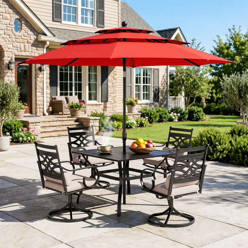 Captiva Designs 6Pc Outdoor Steel Square Dining Table & Swivel Cushioned Metal Chairs & Market Umbrella