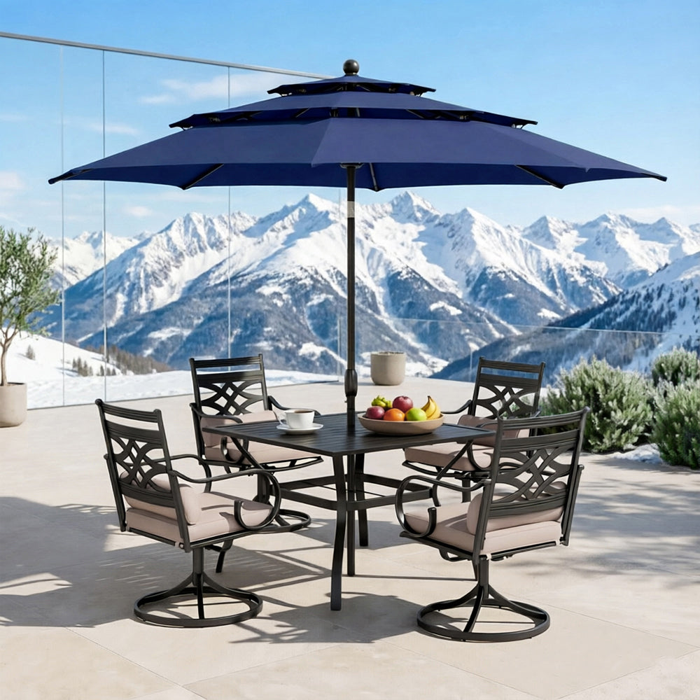 Captiva Designs 6Pc Outdoor Steel Square Dining Table & Swivel Cushioned Metal Chairs & Market Umbrella