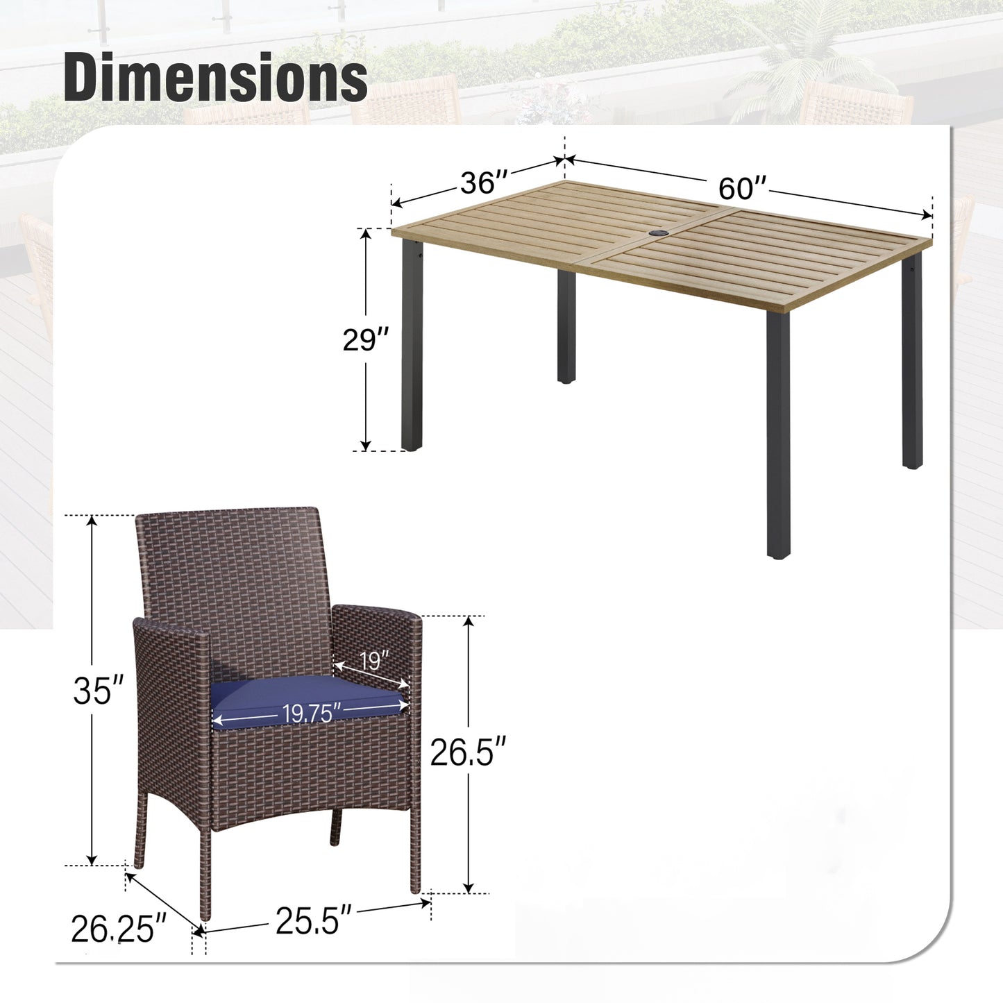 Captiva Designs 7pc Patio Slatted Top Steel Dining Table with Umbrella Hole & Cushioned Armrest Rattan Chairs