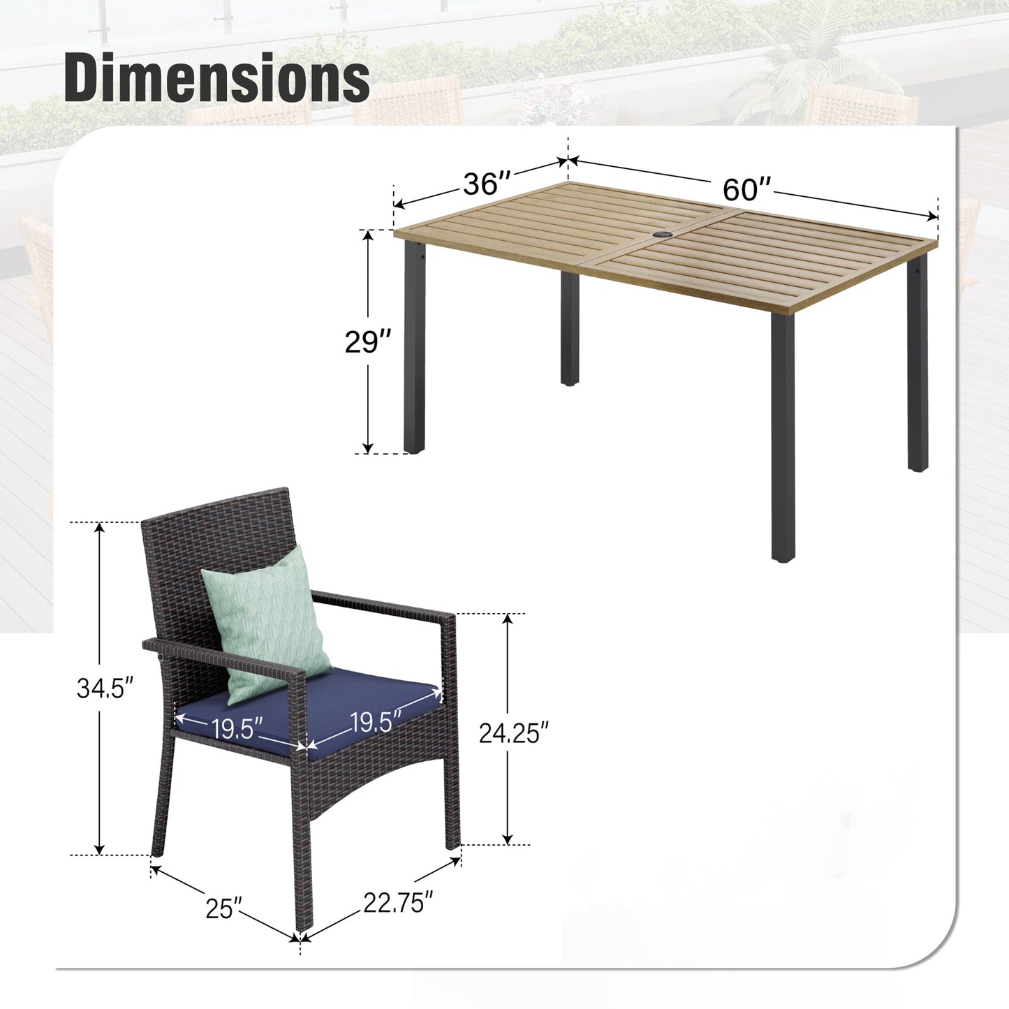 Captiva Designs 7pc Patio Slatted Top Steel Dining Table with Umbrella Hole & Cushioned Armrest Rattan Chairs