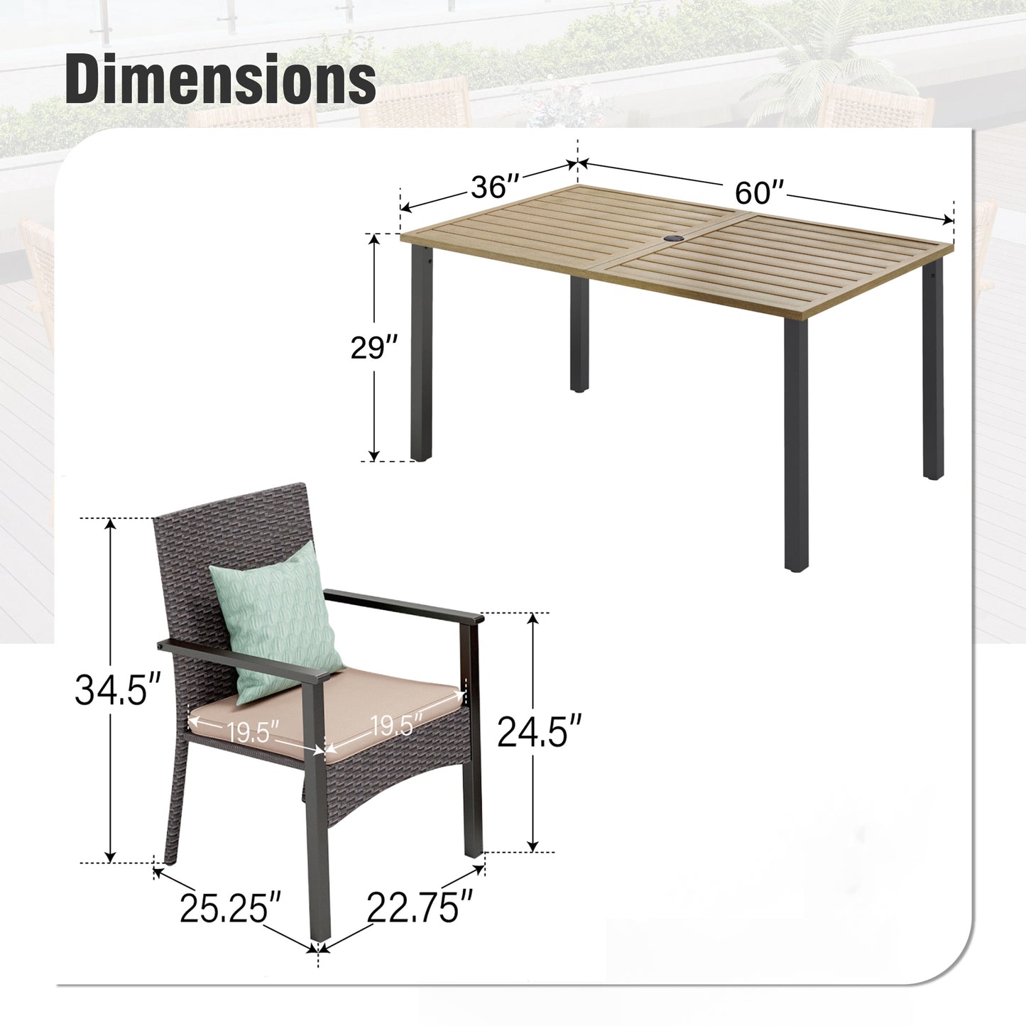 Captiva Designs 7pc Patio Slatted Top Steel Dining Table with Umbrella Hole & Cushioned Armrest Rattan Chairs