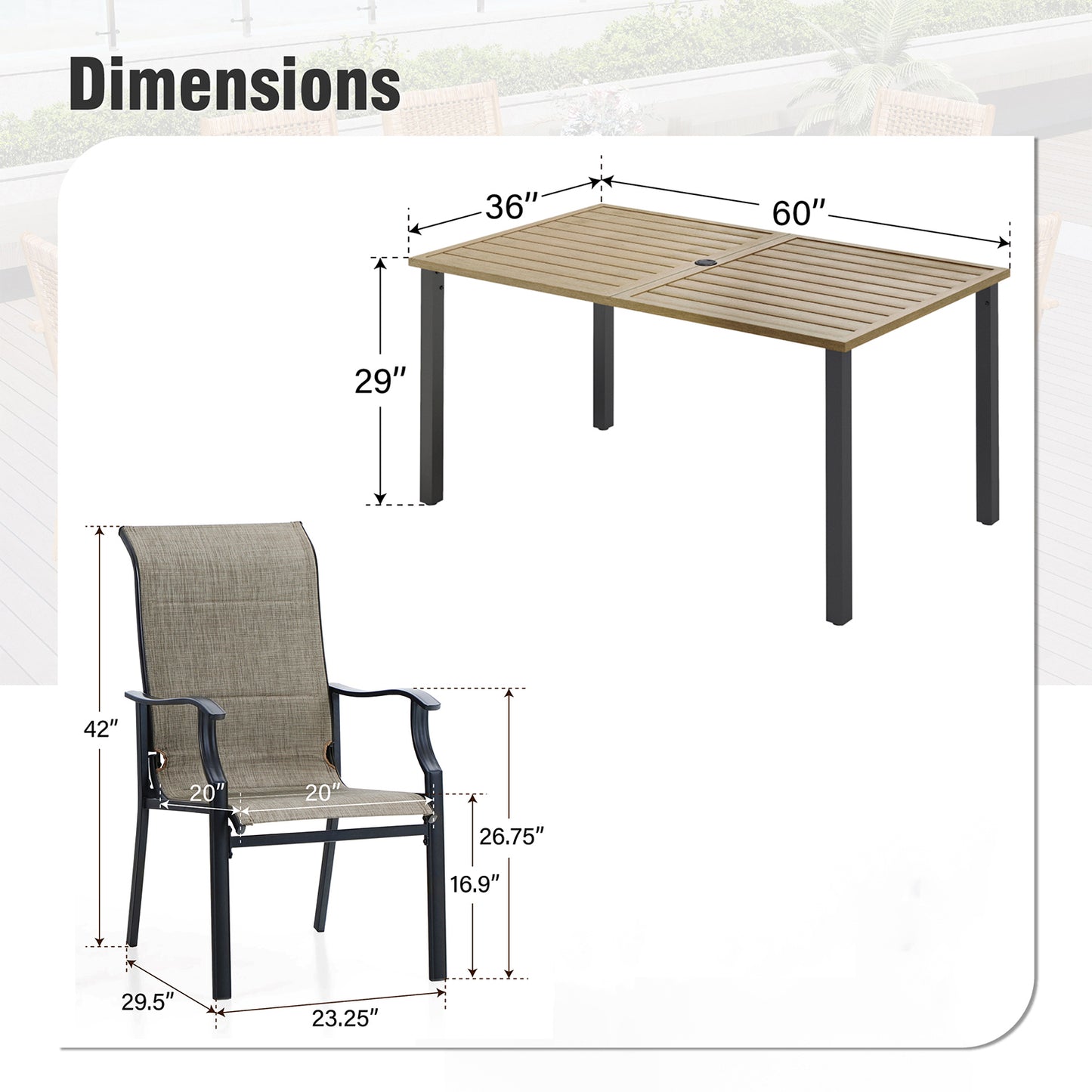 Captiva Designs 7 件 U 型腿木质金属矩形桌，带伞孔和软垫吊带旋转椅