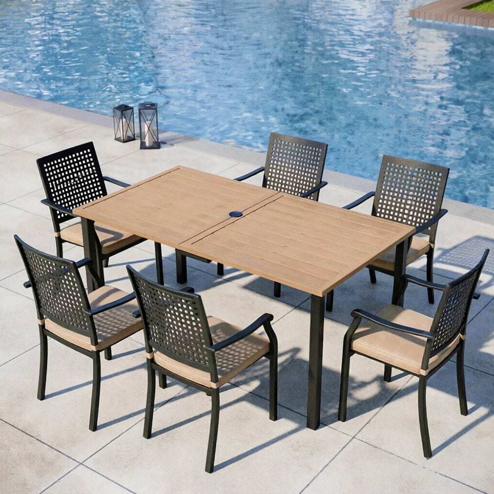 Captiva Designs 7pc Patio Dining Steel Wood-look Table with Umbrella Hole & Stackable Chairs with Bull's Eye Pattern