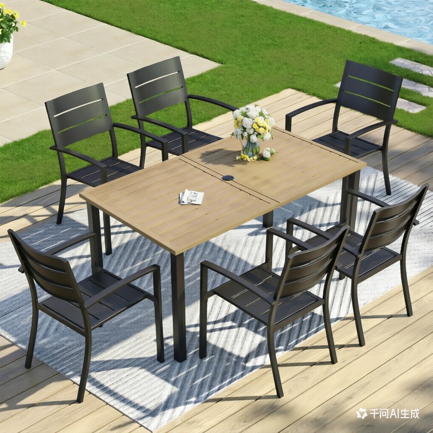 Captiva Designs 7pc Outdoor Patio Dining Set with Steel Table & Metal Chairs with Stripe Back