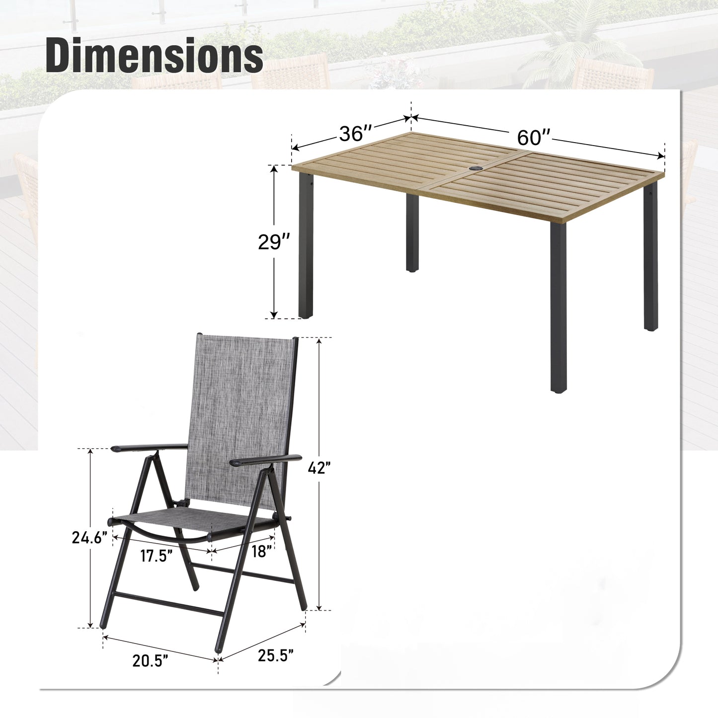 Captiva Designs 7 件套露台餐桌椅套装，配有带顶板的矩形桌子和灰色吊带折叠椅