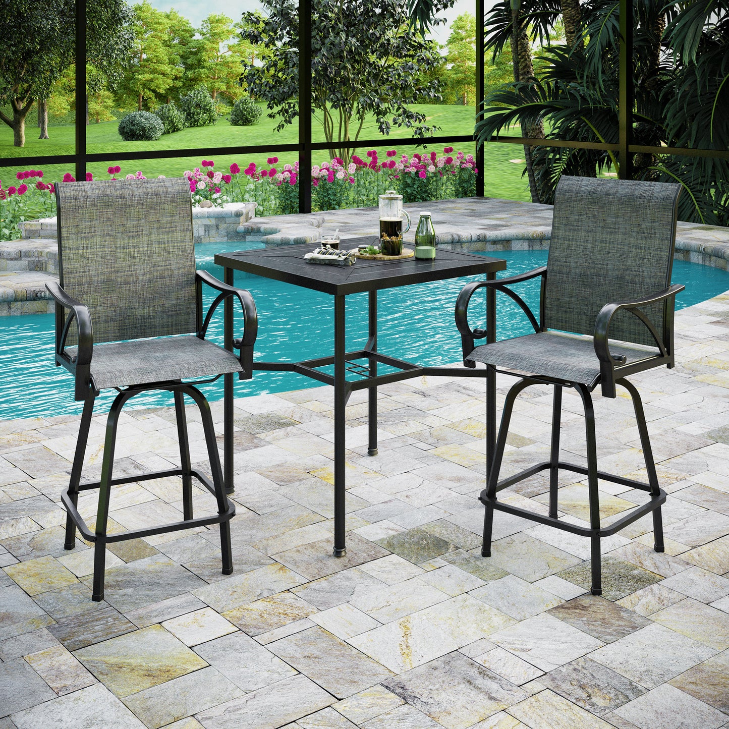 Captiva Designs 3pc Outdoor Patio Geometry Square Steel Bar Table & High Bar Swivel Stools