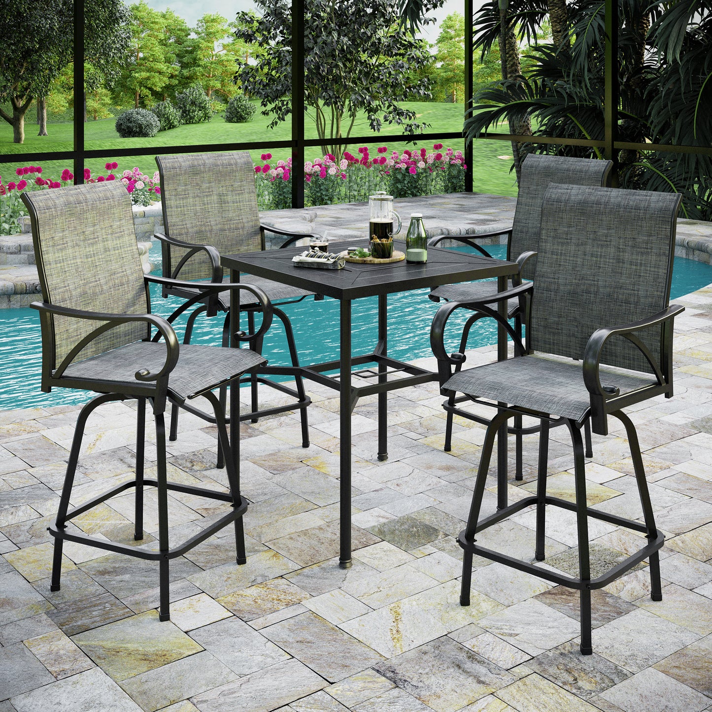 Captiva Designs 5pc Outdoor Patio Dining Steel Bar Table & High Bar Swivel Stools