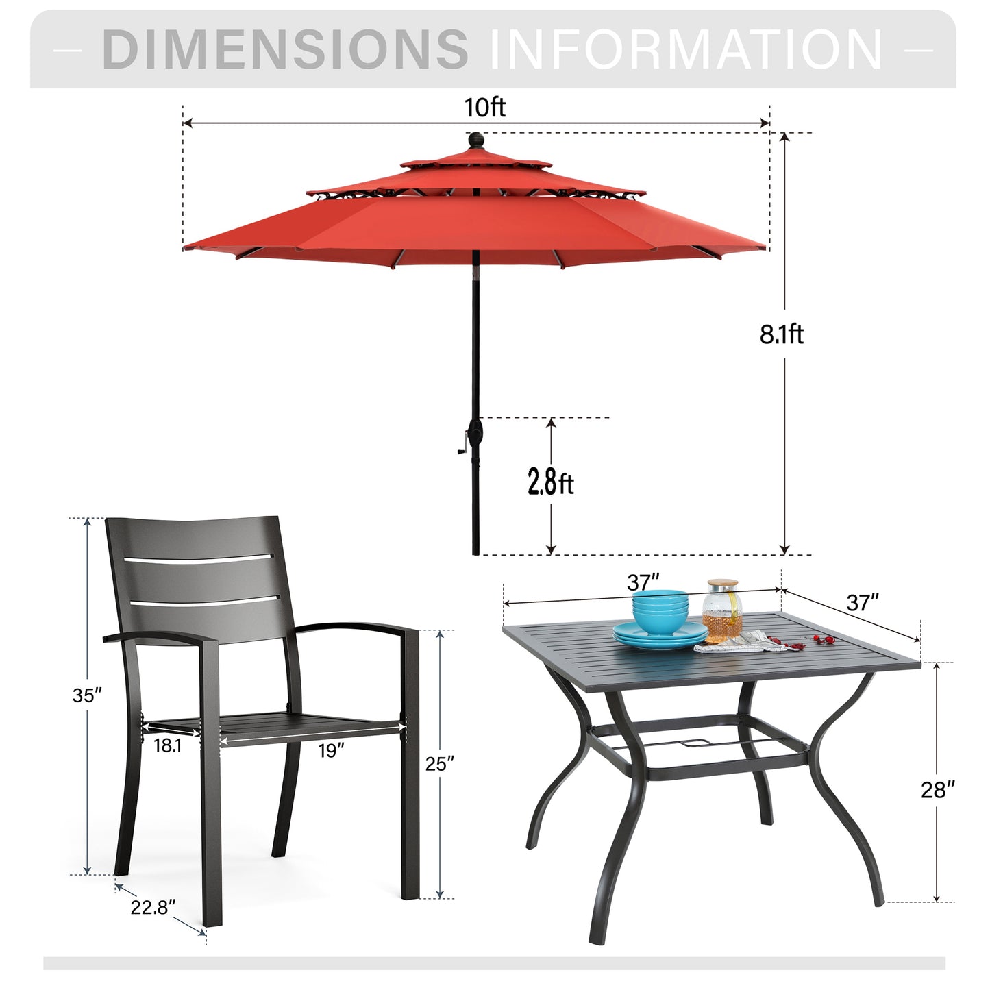 Captiva Designs 6pc Patio Slat-top Dining Steel Table & Metal Chairs with Stripe Back & Market Umbrella