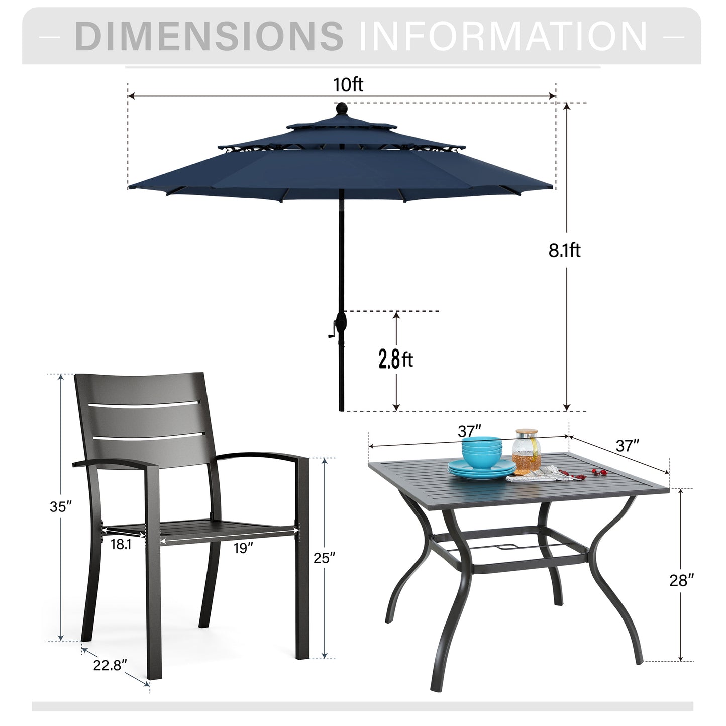 Captiva Designs 6pc Patio Slat-top Dining Steel Table & Metal Chairs with Stripe Back & Market Umbrella
