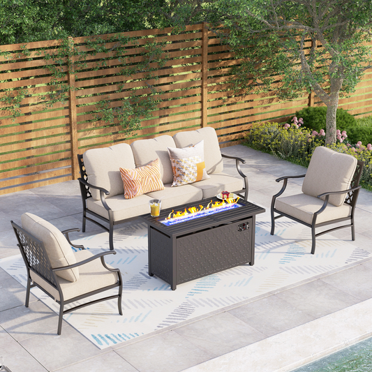 Captiva Designs 4pc Metal Patio Outdoor Conversation Fire Pit Set with Grid-back Armchairs for Garden, Poolside, Backyard