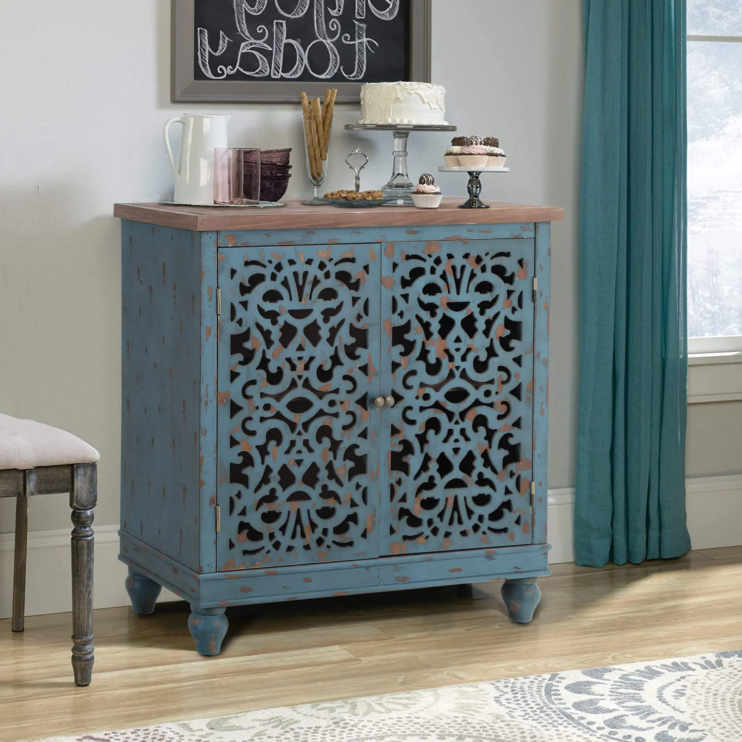 Captiva Designs Distressed Hollow-carved Accent Storage Sideboard Buffet Cabinet with Solid Wood Legs for Living Room Entryway Foyer