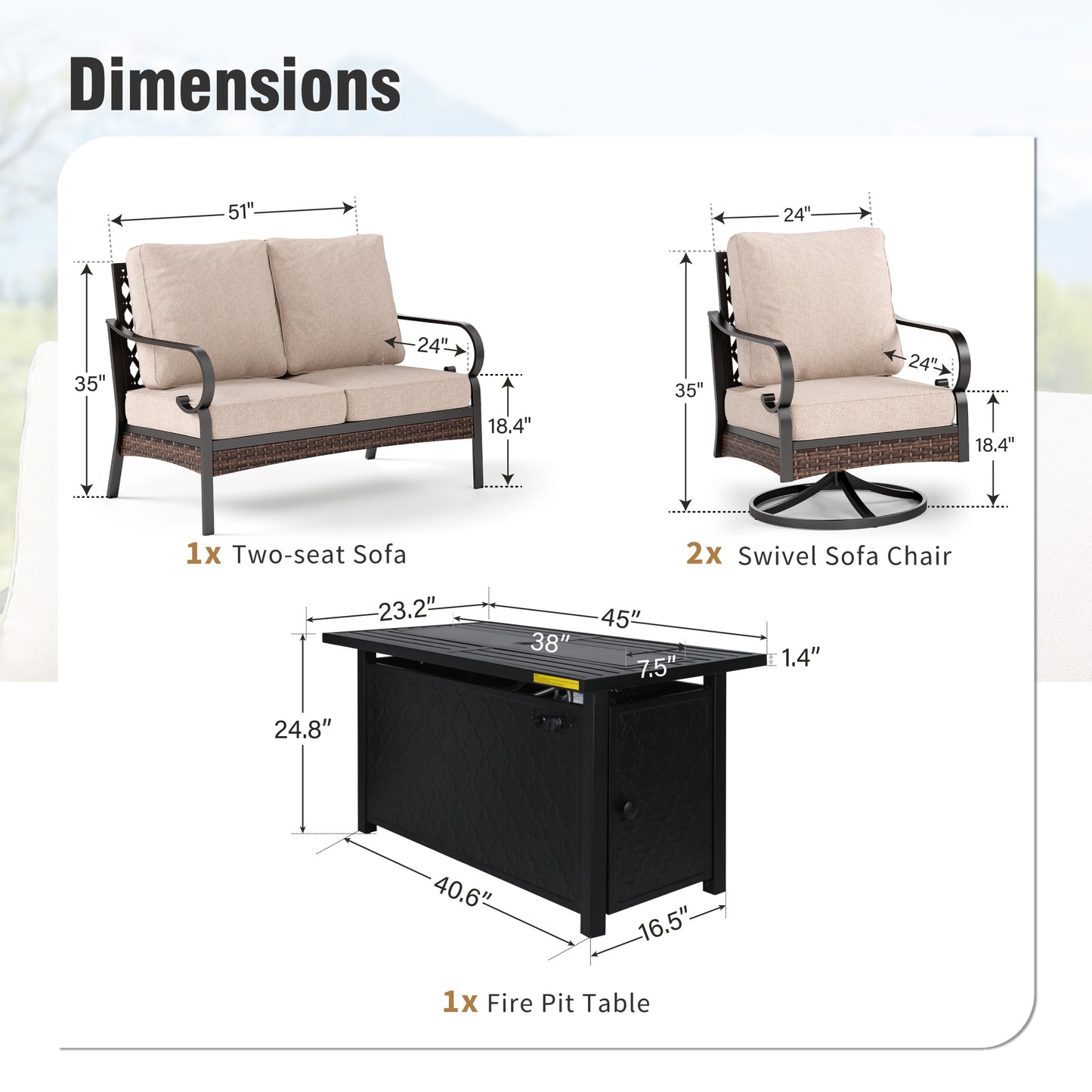 Captiva Designs 4 Piece All Weather Wicker Metal Patio Outdoor Furniture Conversation Fire pit Set for Backyard, Garden, Deck