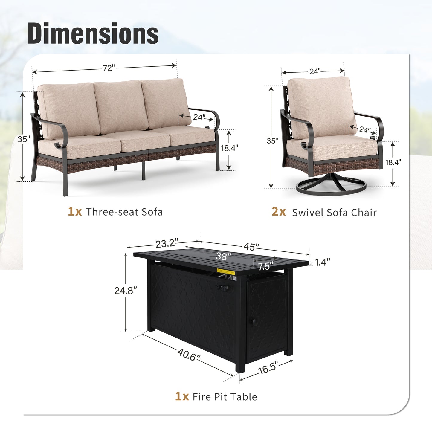 Captiva Designs 5-Piece Wicker Metal Patio Outdoor Furniture Conversation Fire pit Set for Backyard, Garden, Deck
