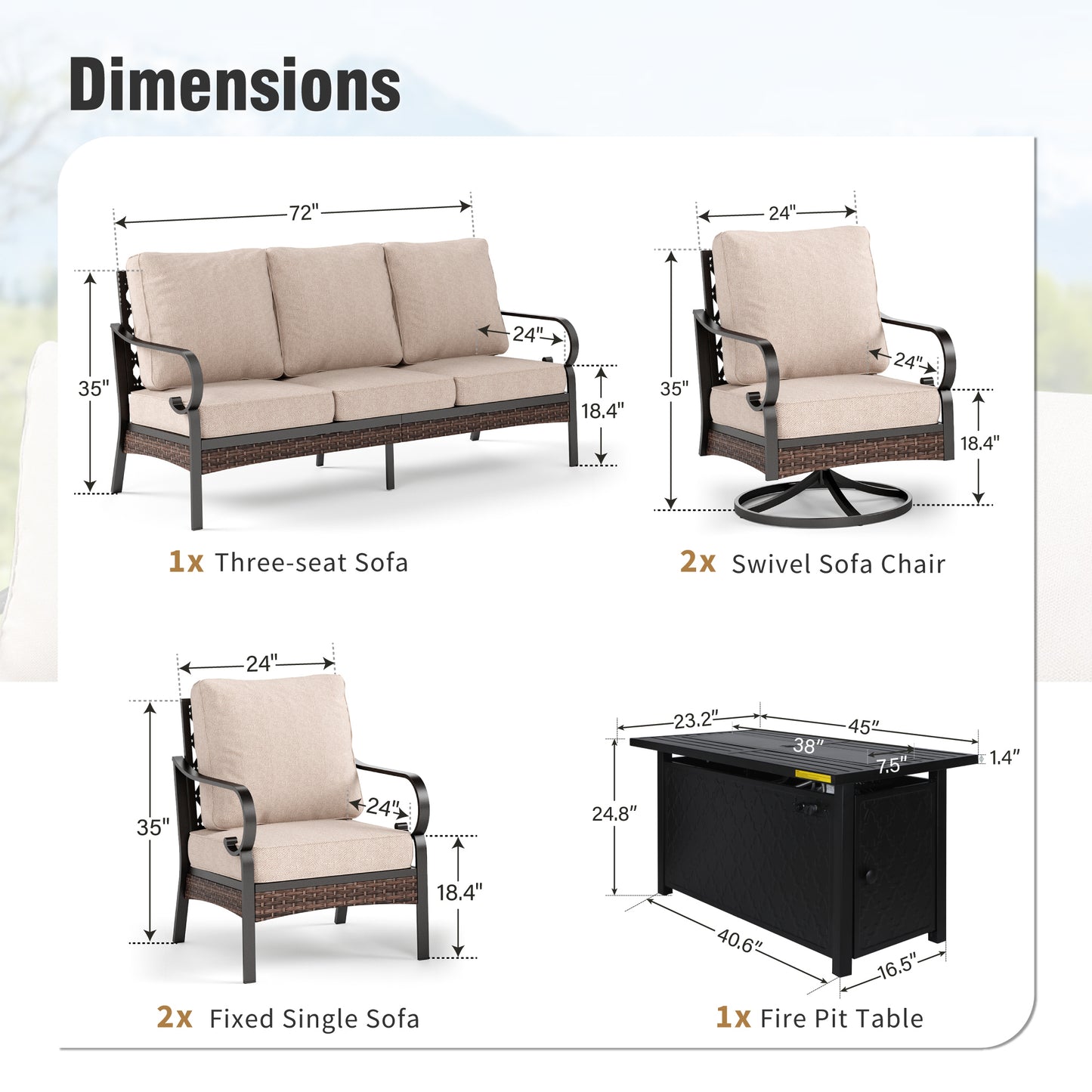 Captiva Designs 6-Piece Wicker Metal Patio Outdoor Furniture Conversation Fire pit Set for Backyard, Garden, Deck