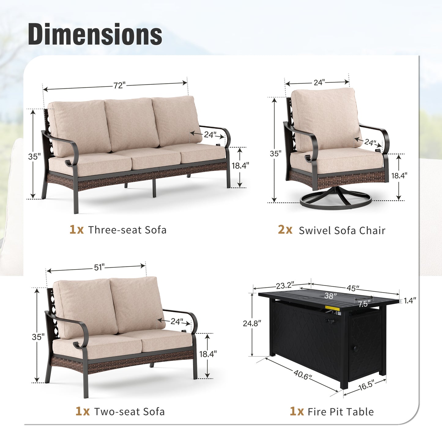 Captiva Designs 5-Piece Wicker Metal Patio Outdoor Furniture Conversation Fire pit Set for Backyard, Garden, Deck