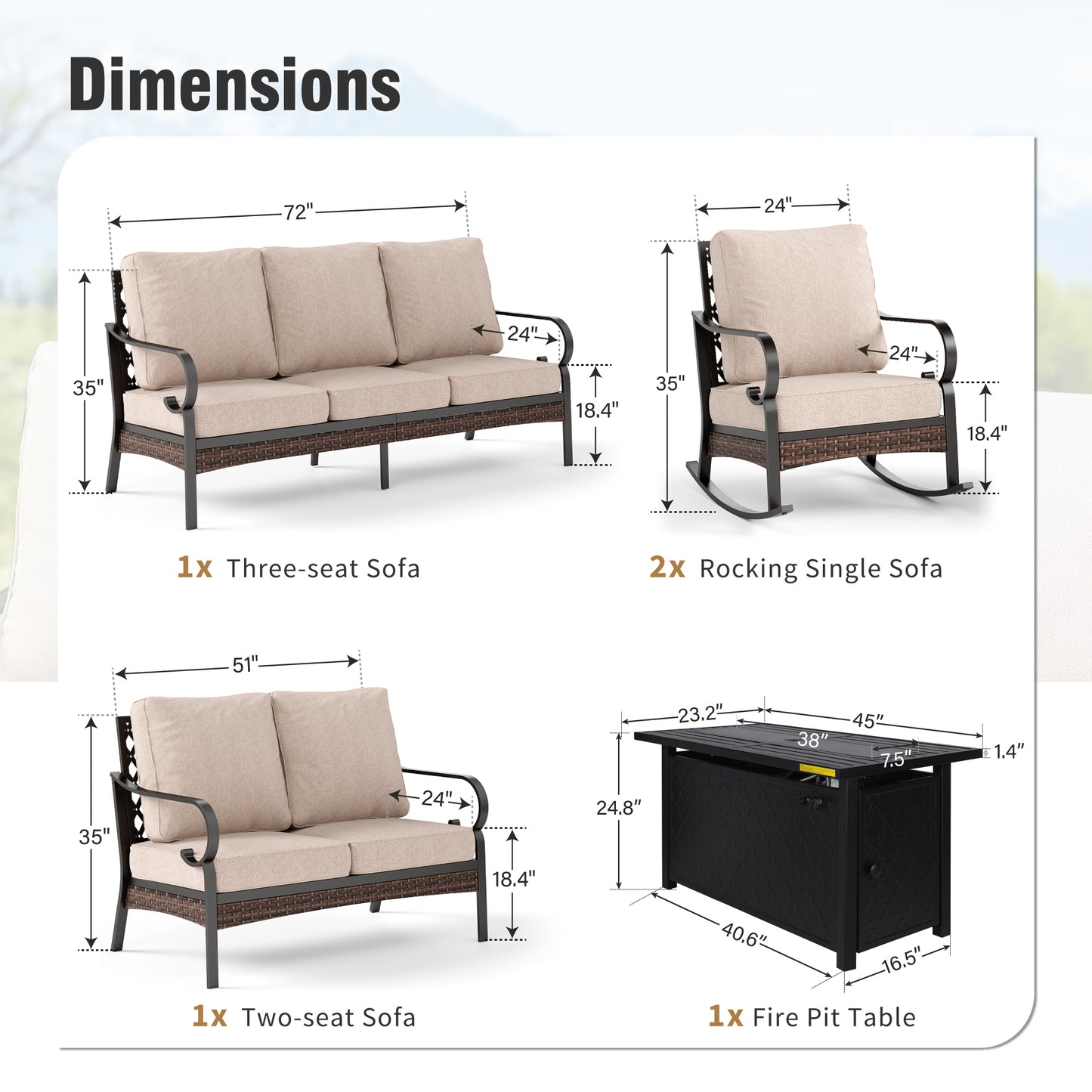 Captiva Designs 5-Piece Wicker Metal Patio Outdoor Furniture Conversation Fire pit Set for Backyard, Garden, Deck