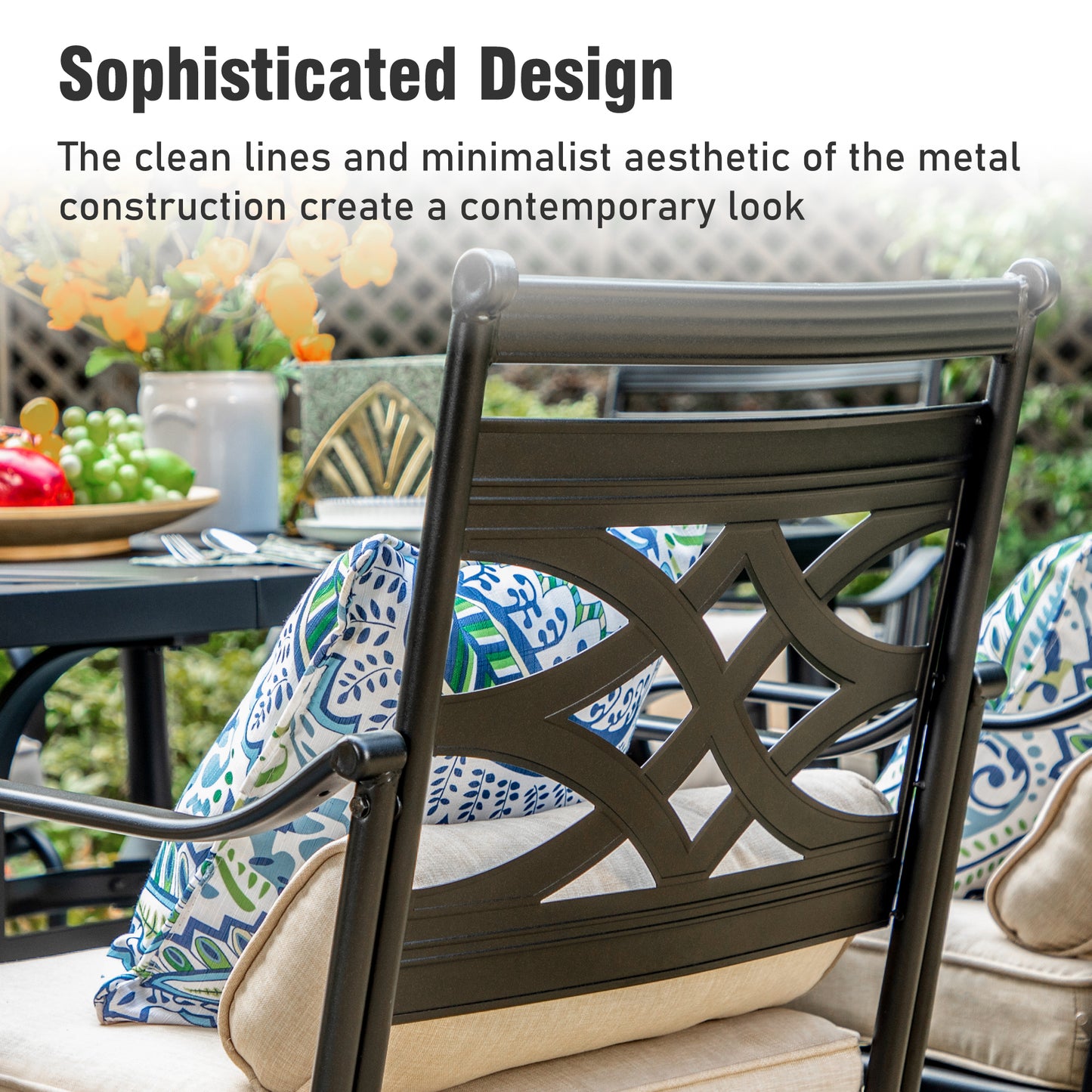 Captiva Designs 7pc Black Round Slatted Steel Table with Umbrella Hole & Metal Chairs with Seat Cushions and Waist Pillows