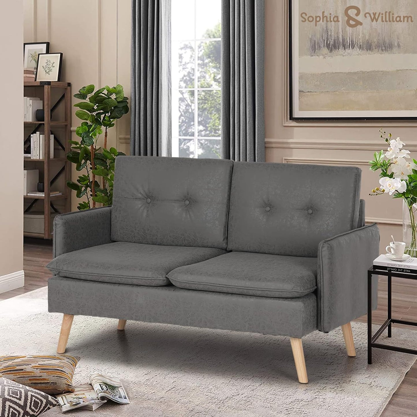 Sophia & William Sofa Coach Modern Loveseat for Living Room Upholstered 2-Seat Sofa PU Leather Pillowed Back Cushion Straight Arm 52" for Bedroom, Apartment, Dorm, Studio, Office, Small Space Dark gray