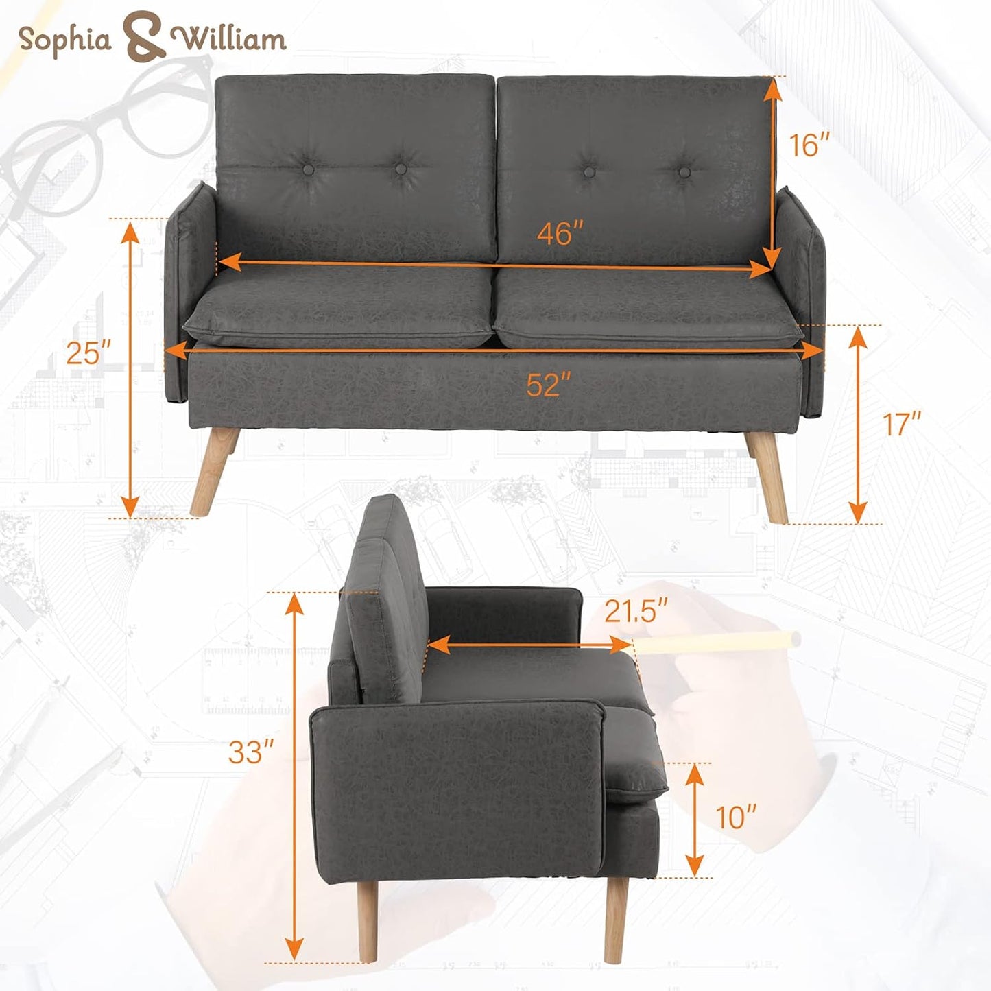 Sophia & William Sofa Coach Modern Loveseat for Living Room Upholstered 2-Seat Sofa PU Leather Pillowed Back Cushion Straight Arm 52" for Bedroom, Apartment, Dorm, Studio, Office, Small Space Dark gray