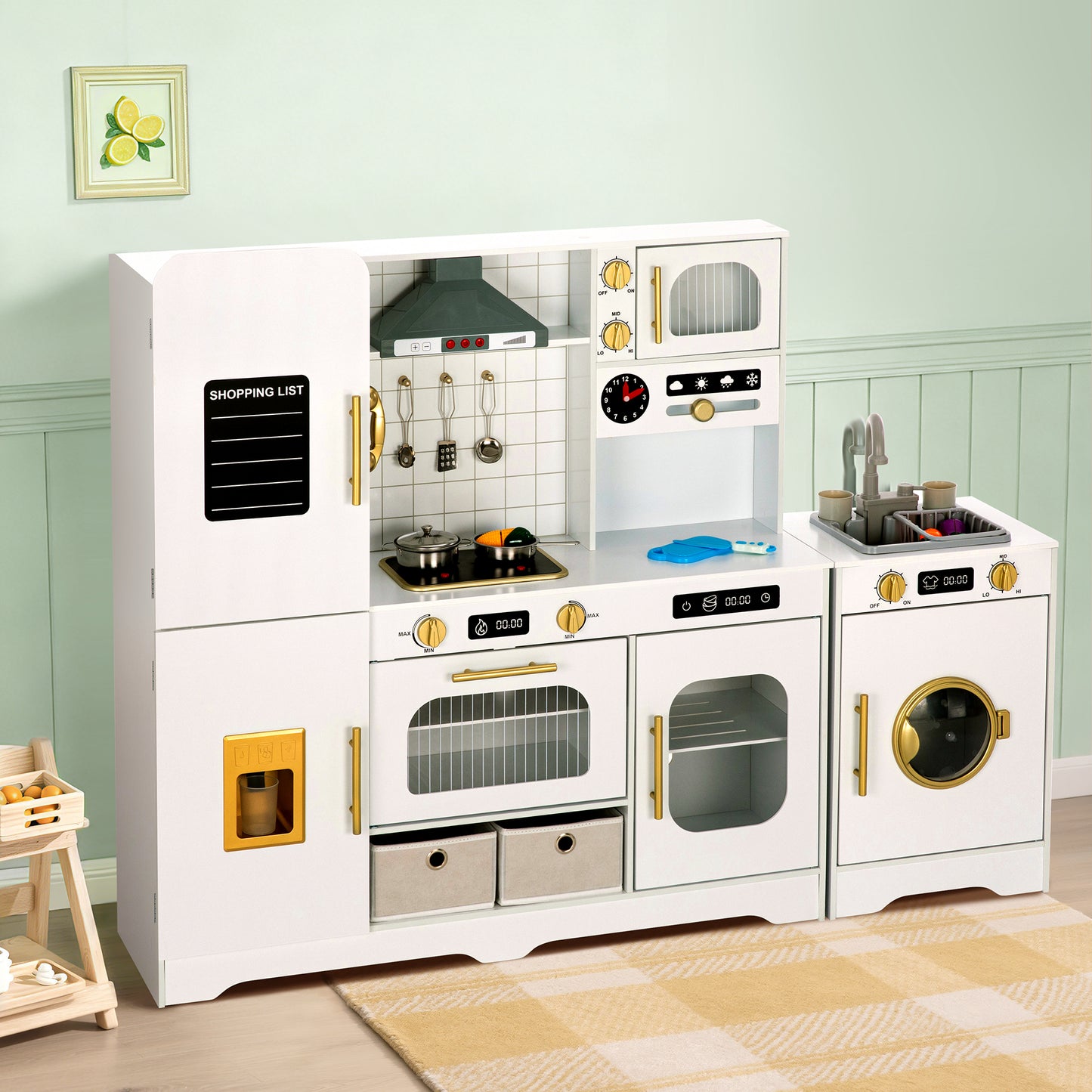 Captiva Designs Indoor Kids Kitchen Playset, Wooden Pretend Play Toy Set with Telephone, Stove, Microwave, Dishwasher, Real Sounds and Lights