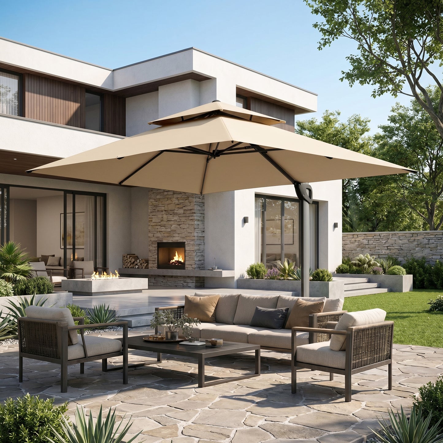 Captiva Designs Premium Rectangular Cantilever Patio Umbrella with 2-Tier Design