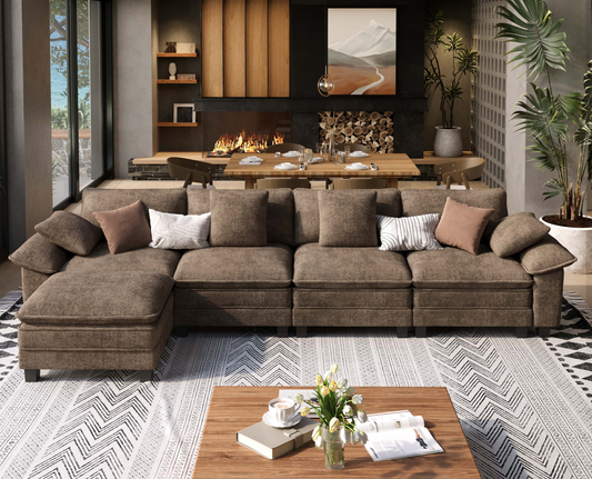 SUNSHINE VALLEY L Shaped Modular Cloud Couch, 157.5'' Oversized Chenille Sectional Sofa with Wider Armrest and Ottoman, Upholstered 5-Seat Modern Deep Seat for Bedroom Living Room, Taupe