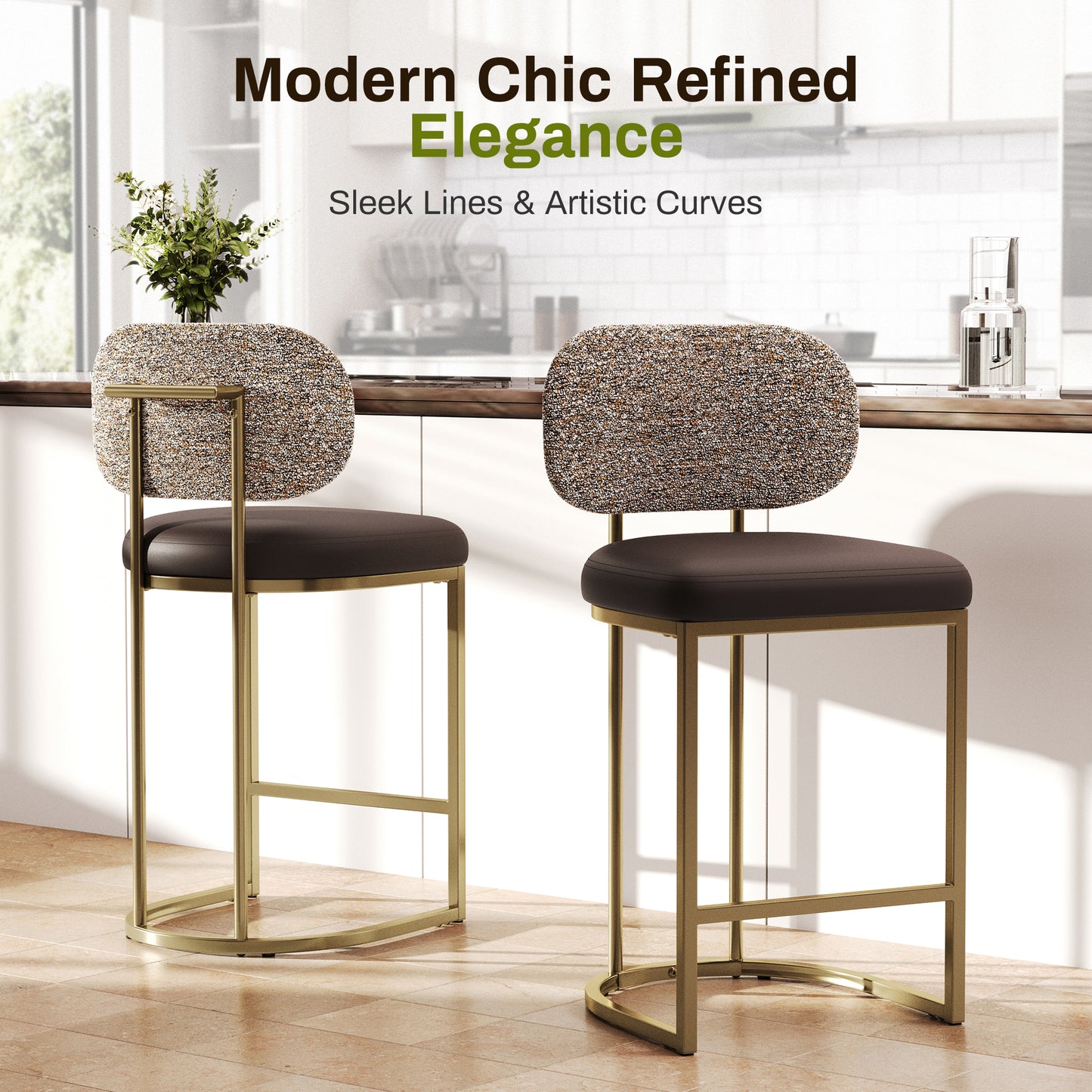 Captiva Designs 24.8 inch Counter Height Bar Stool with Large Chenille Back & PU Leather Seat & Footrest & Adjustable Foot Pad & Sturdy Steel Frame