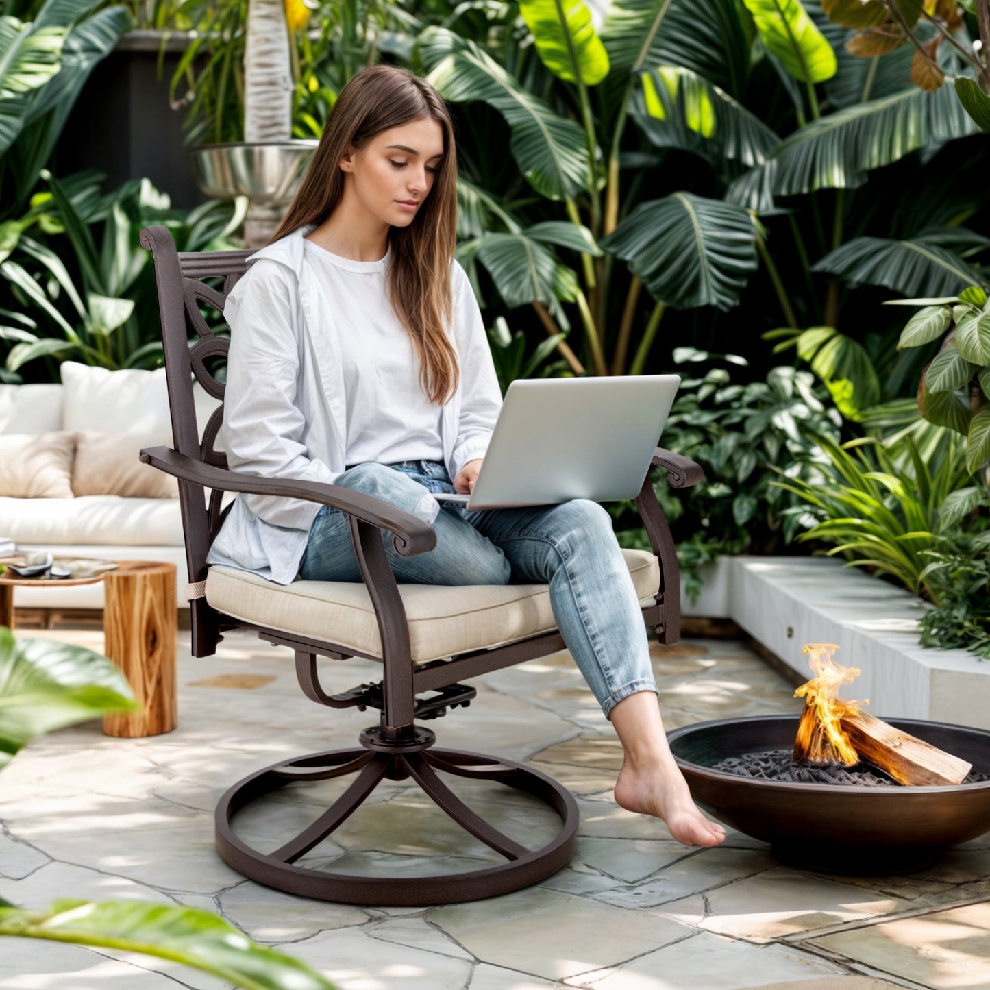 Captiva Designs Outdoor 7Pc Cast Aluminum Square Metal Dining Table with Umbrella Hole & Flower Back Chairs