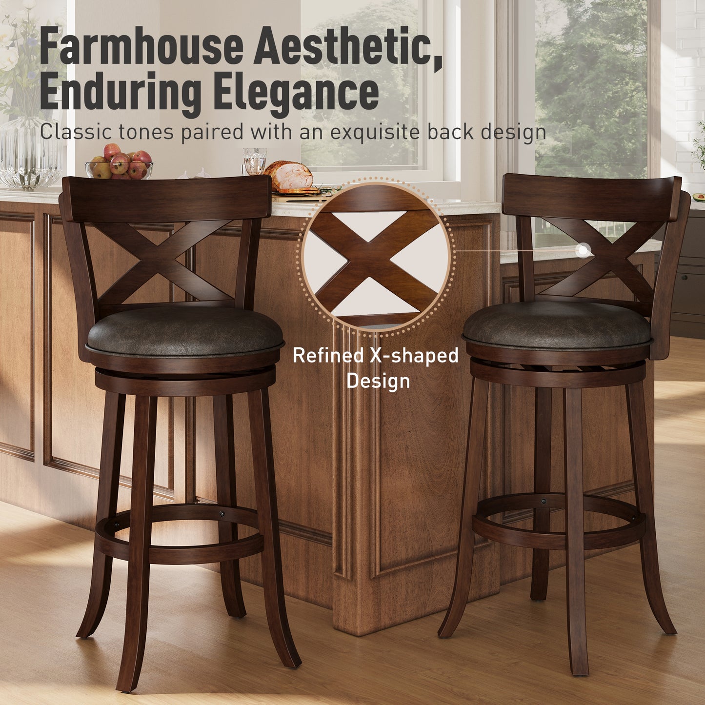 Captiva Designs 30 inch Swivel Bar Stools with Faux Leather Upholstered Seat & Rubberwood Frame & Wrap-Around Footrest