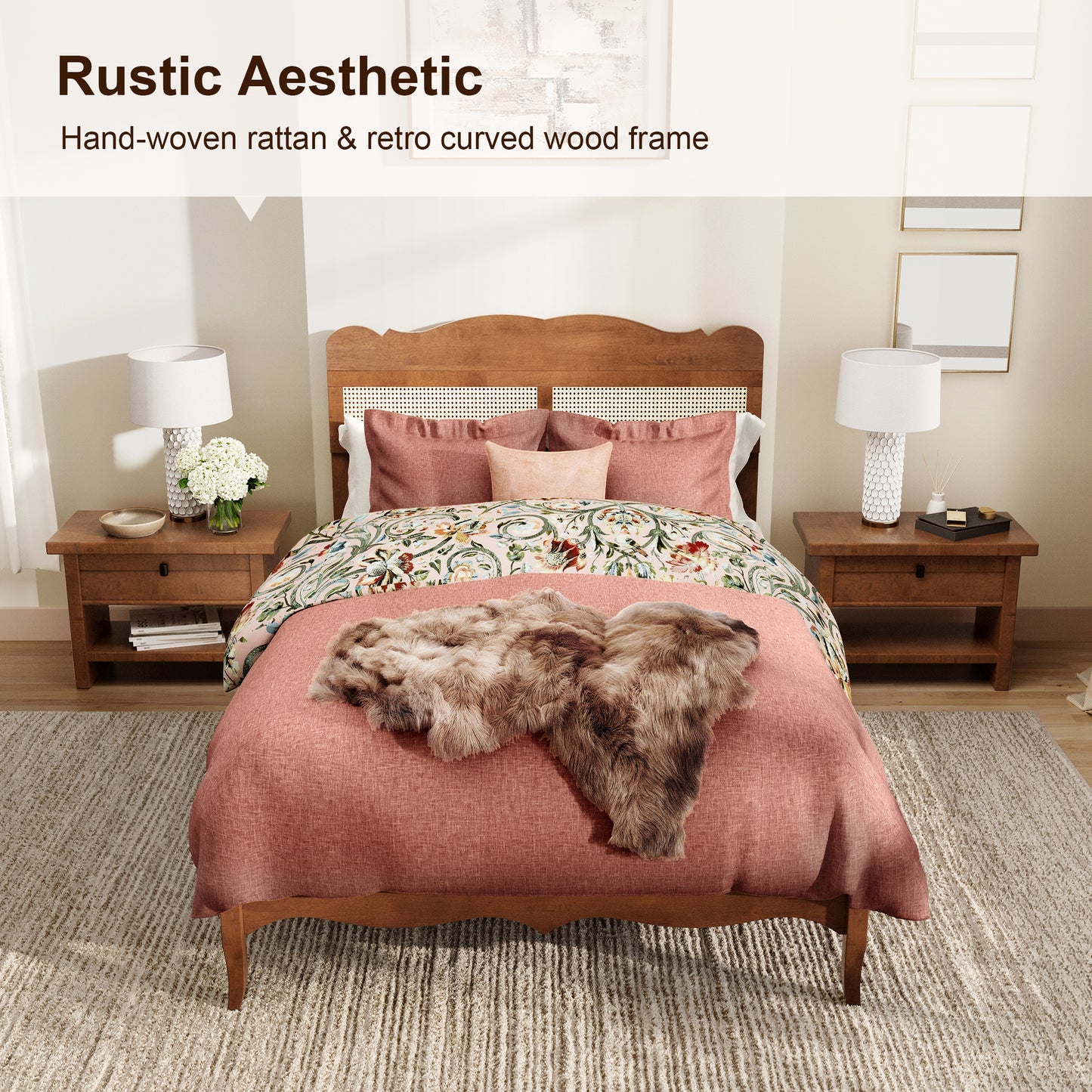 Captiva Designs Wood Platform Bed Frame with Height Adjustable Woven Rattan Headboard and Reinforced Slats Support, No Box Spring Needed