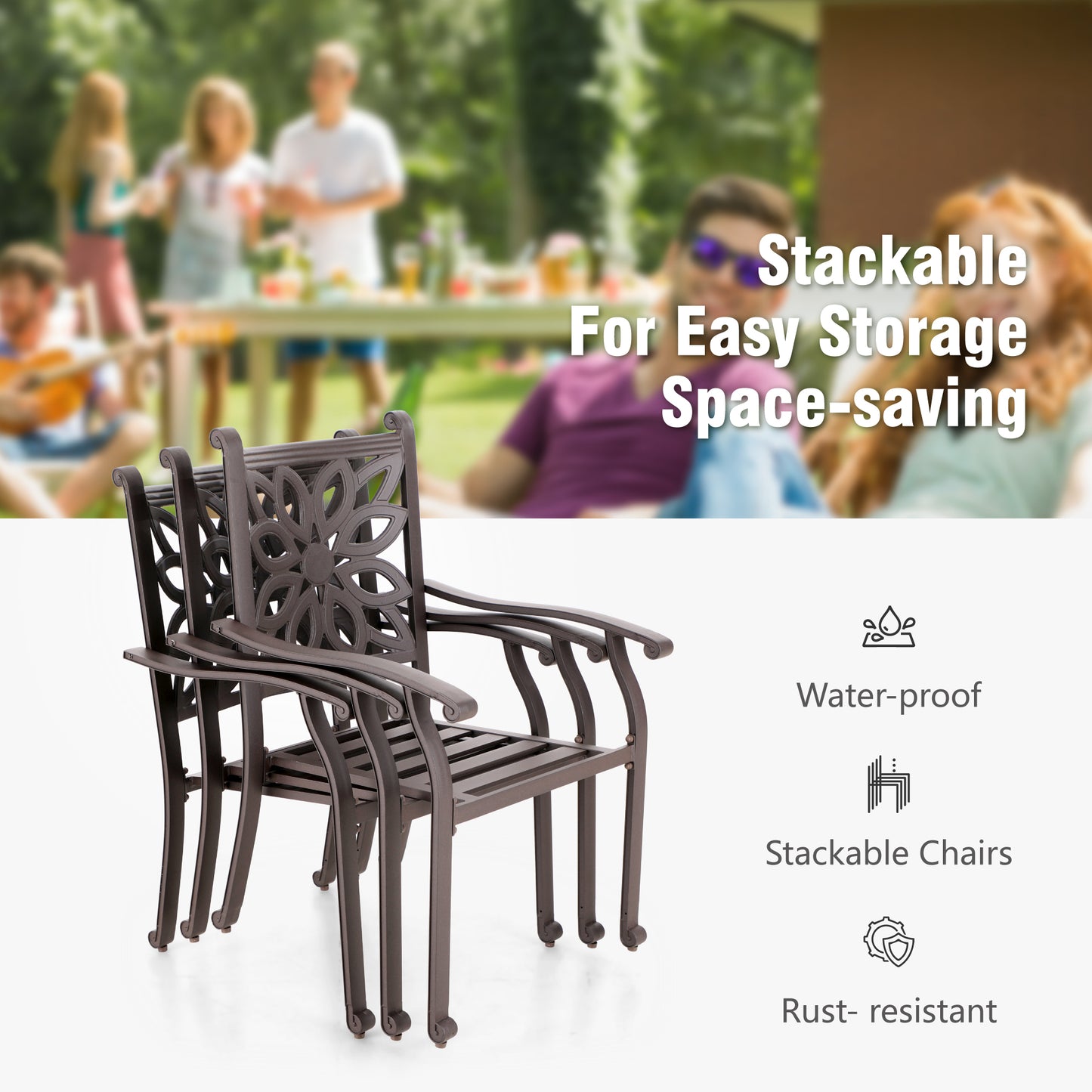 Captiva Designs Outdoor 7Pc Cast Aluminum Square Metal Dining Table with Umbrella Hole & Flower Back Chairs