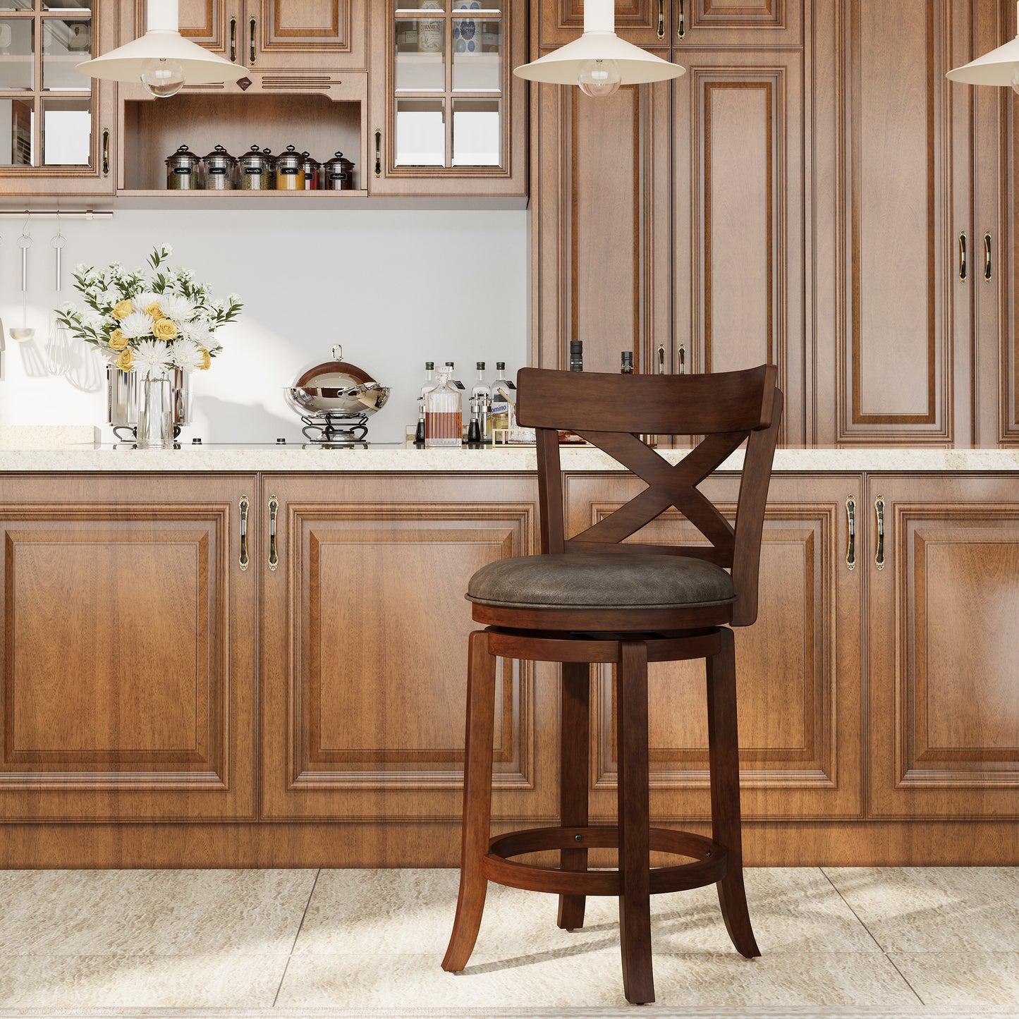 Captiva Designs Counter & Bar Height Swivel Bar Stools with Faux Leather Upholstered Seat & Rubberwood Frame & Wrap-Around Footrest