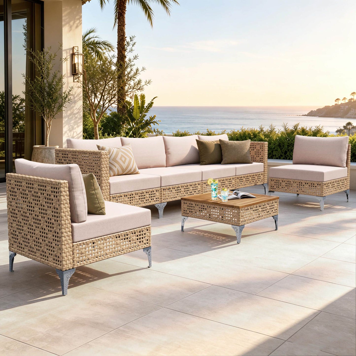 Captiva Designs Boho Patio Outdoor Wicker Rattan Conversation Set with Coffee Table for Backyard, Porch