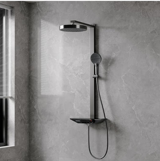 Alphabath Duscharmatur Komplettset Duschsystem mit Thermostat und Eingegossene Glasregale Duschset mit 30 cm Regendusche Duschkopf Regendusche mit Armatur, Grau