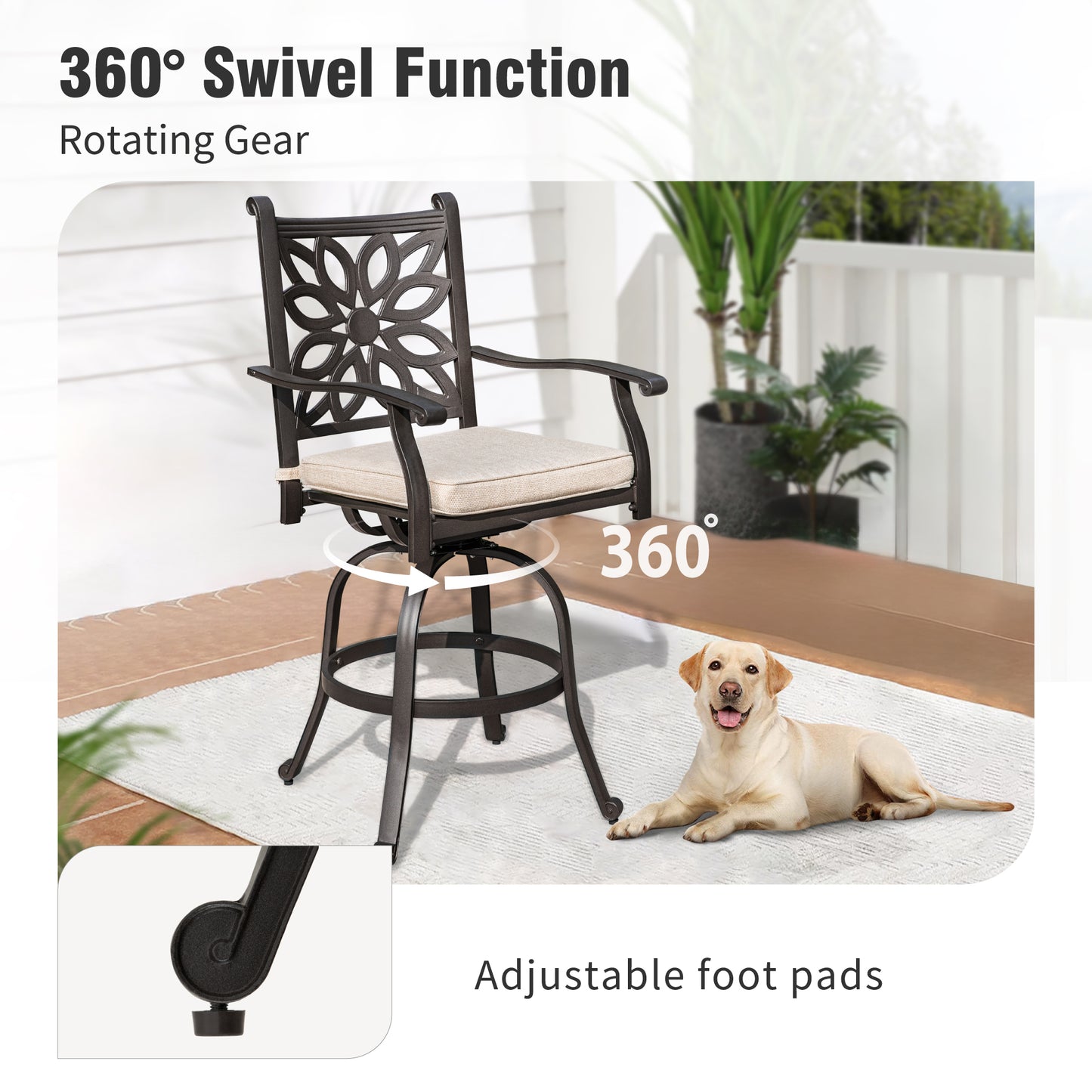 Captiva Designs 7pc Cast Aluminum Bar Height Patio Dining Set with Round Table with Umbrella Hole & Swivel Stools