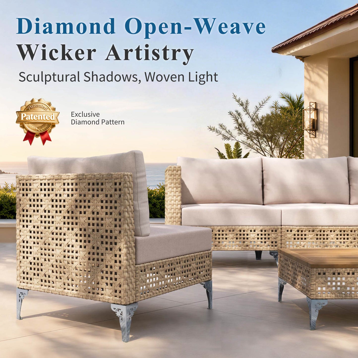 Captiva Designs Boho Patio Outdoor Wicker Rattan Conversation Set with Coffee Table for Backyard, Porch